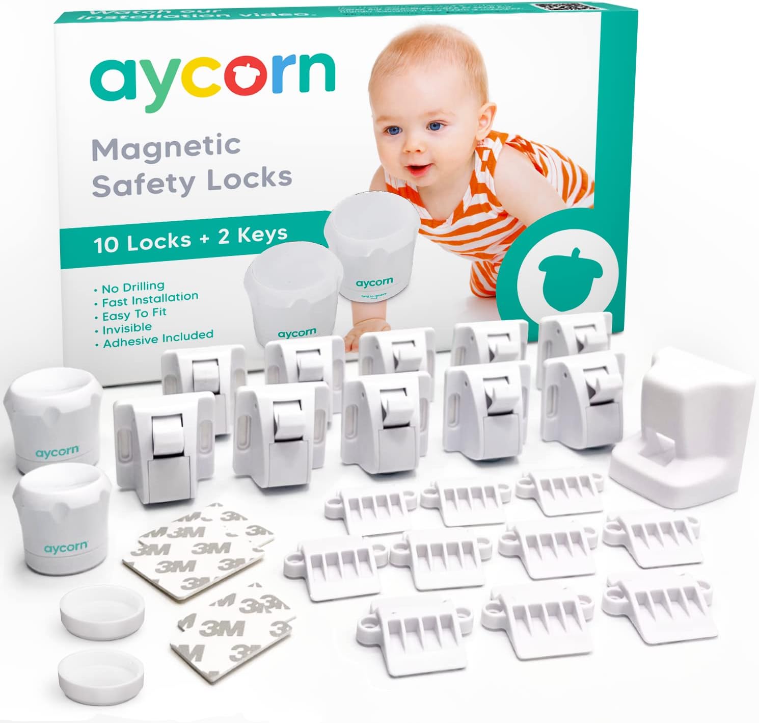 AYCORN Safety Magnetic Child Locks for Cabinets (10 Locks & 2 Keys), Baby Proofing Cabinet Locks for Doors and Drawers 10 Pack - Easy Install No Screws or Drilling Toddler Child Proof Cabinet Latches