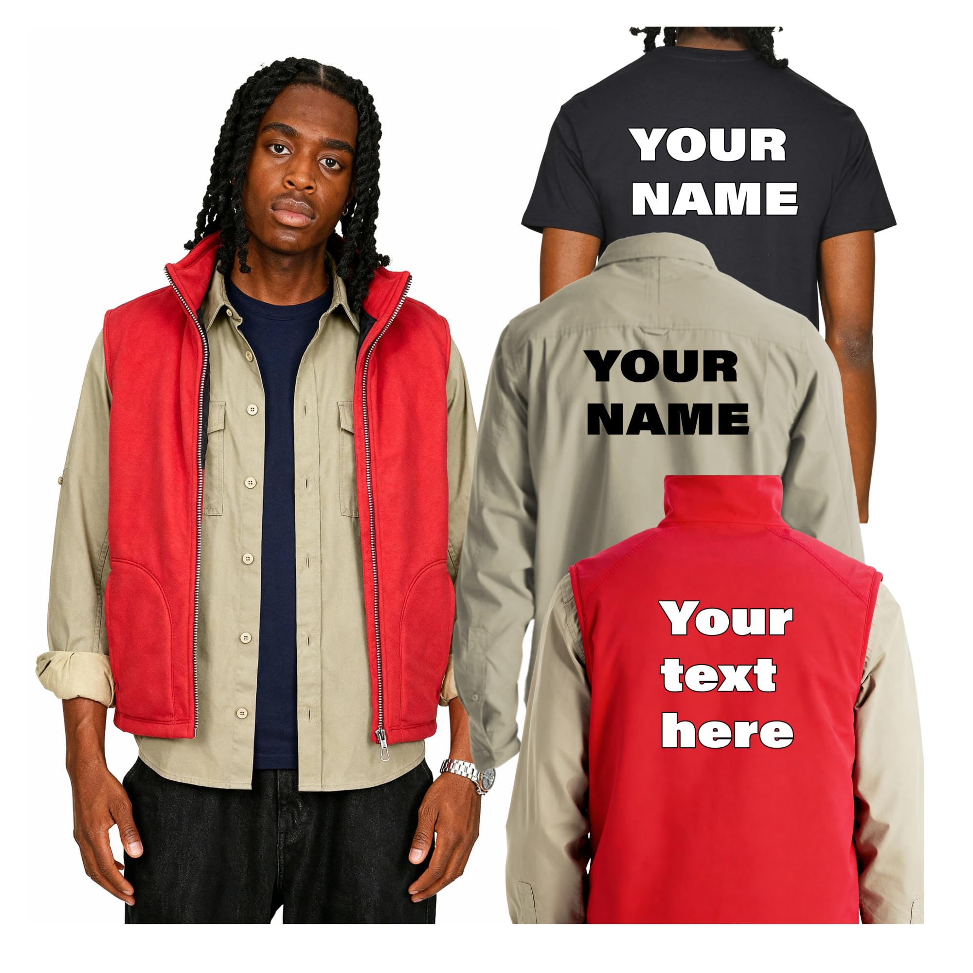 Jungle Costume Set, Customisable Navy T-Shirt, Red Bodywarmer, Khaki Shirt, Jungle Camp Outfit Stag costume (XL, T-Shirt and Bodywarmer)