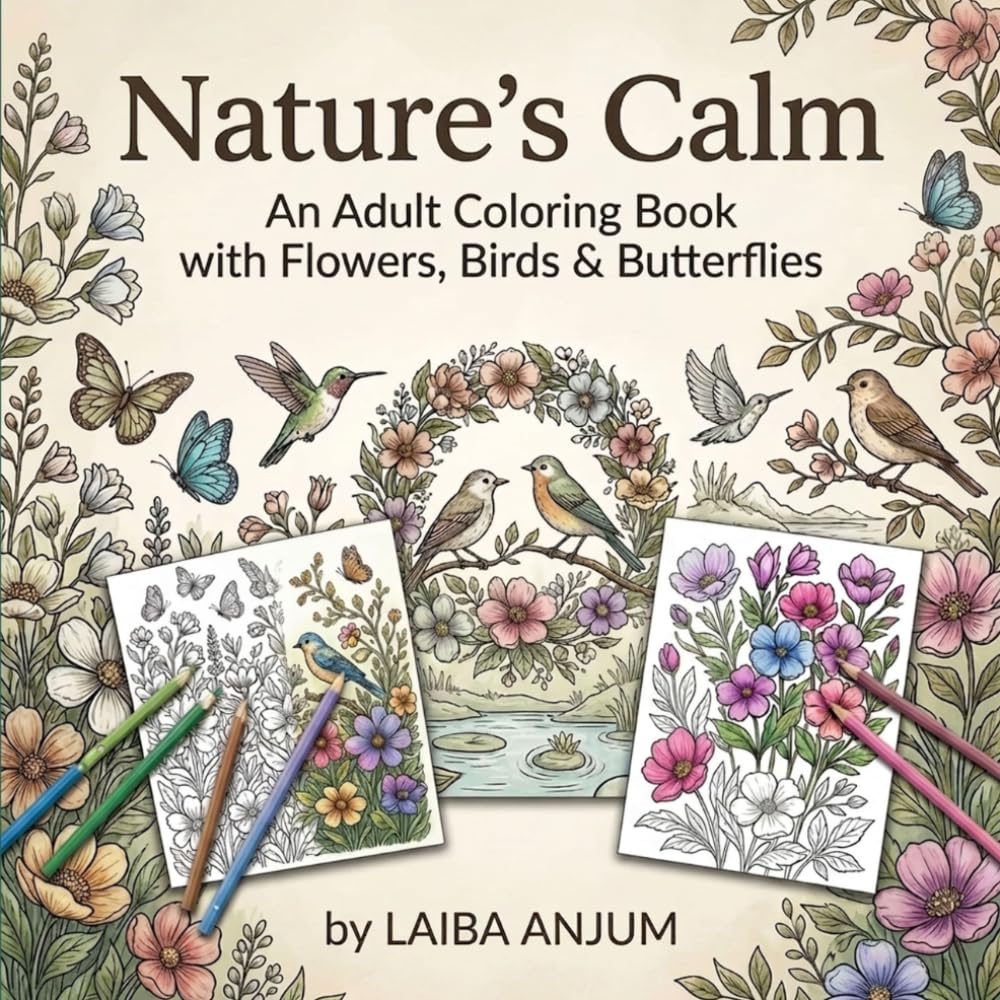 Nature’s Calm: An Adult Coloring Book with Flowers, Birds & Butterflies for Stress Relief and Peace