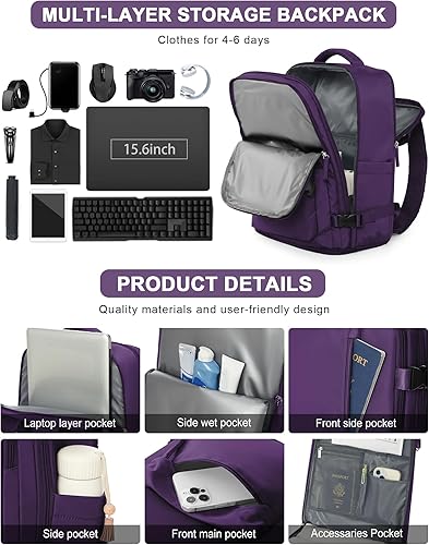 Miniatura 5 de VGCUB - Mochila grande para viaje, trabajo, negocios, mochila para laptop aprobada como equipaje de mano para vuelos, unisex, Violeta oscuro,