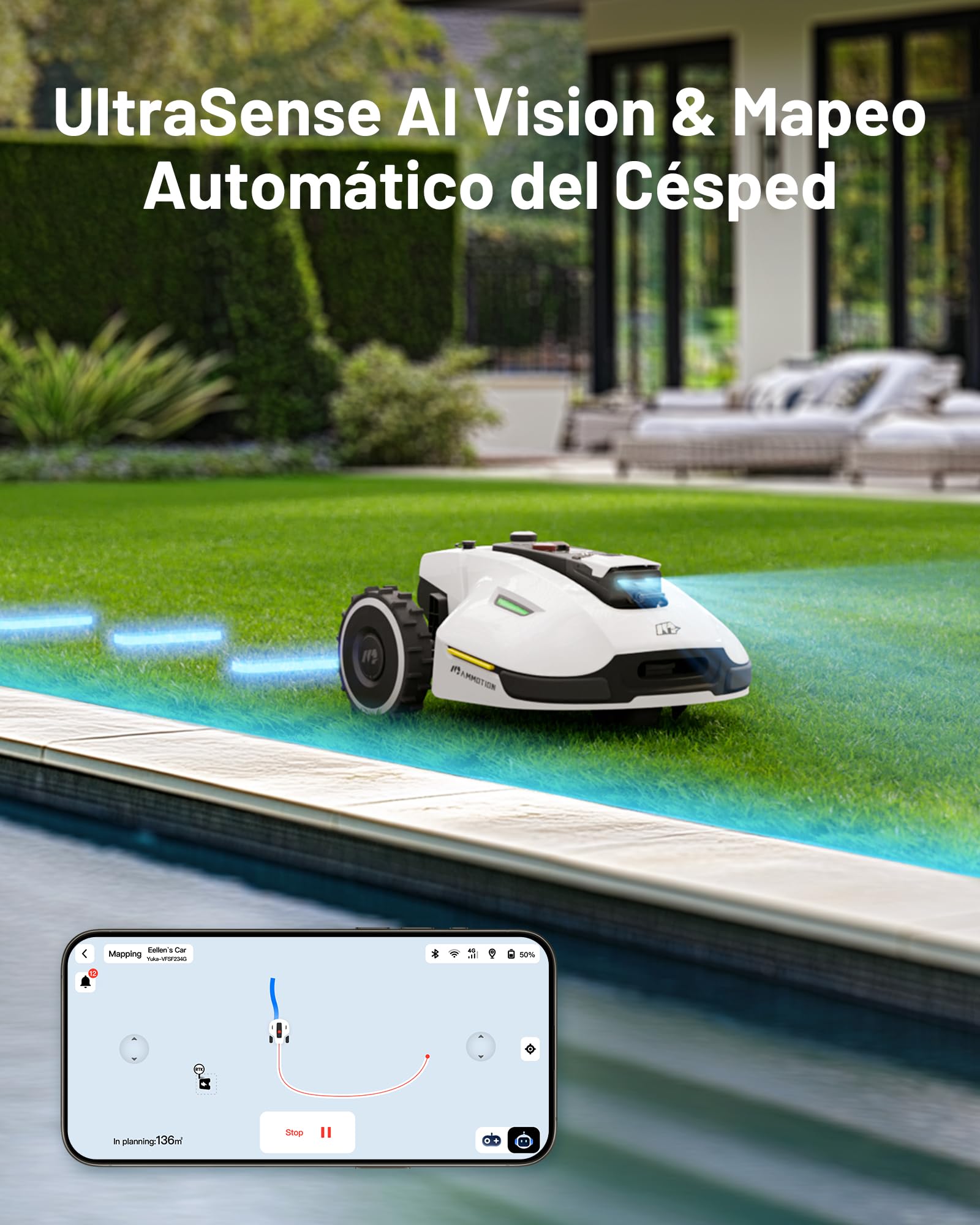 MAMMOTION YUKA 2000 Robot Cortacésped sin Cable Perimetral, Recomendado 2000m², MAX. 2400m², UltraSense AI Vision Auto-Mapeo, 45% Inclinación, Altura Corte 20-90mm Anchura Corte 320mm, con Módulo 4G