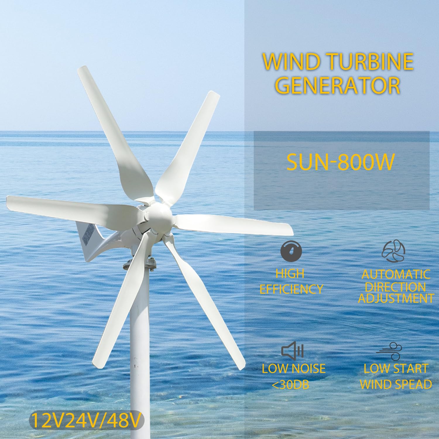 Windkraftanlage 800W mit MPPT Laderegler, 3-Phasen AC Horizontale Windturbine, 6-Blatt Windmühle für Haus & Bauernhof 12V 24V 48V (48, Volt)