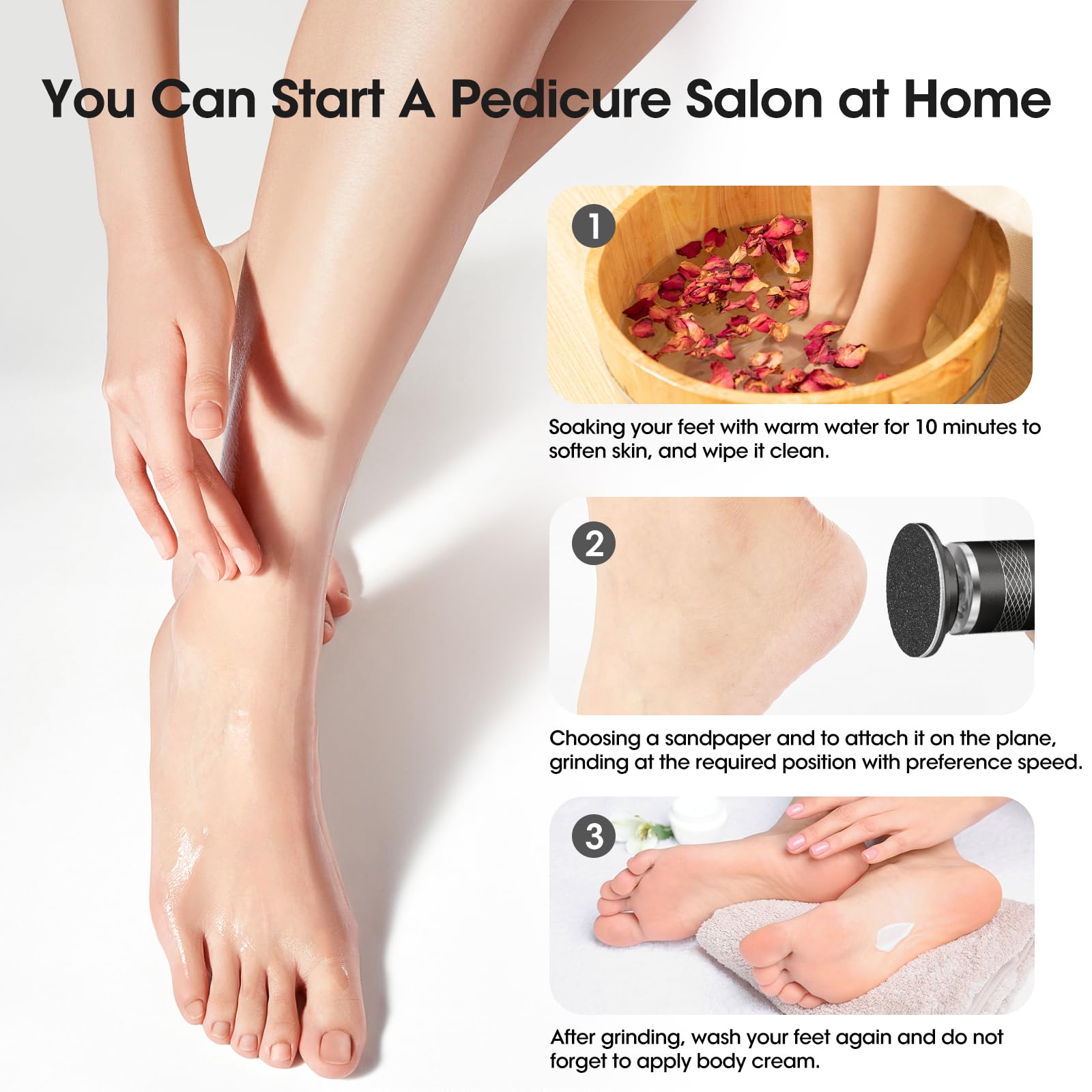 Removedor eléctrico de callos de pies mejorado, recargable, lima de pies de velocidad ajustable, herramientas de pedicura con 60 discos de papel de lija para hombres y mujeres, piel muerta, piel dura