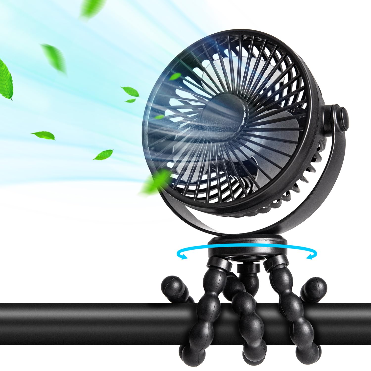 POPERFUN Portable Pram Fan,Rechargeable Stroller Fan 20H 4000mAh Clip on Fans for Infant 360° Rotate Flexible Tripod Baby Fan Handheld USB Desk Cooling Fans for Bedroom Crib Treadmill Travel Camping — view 9
