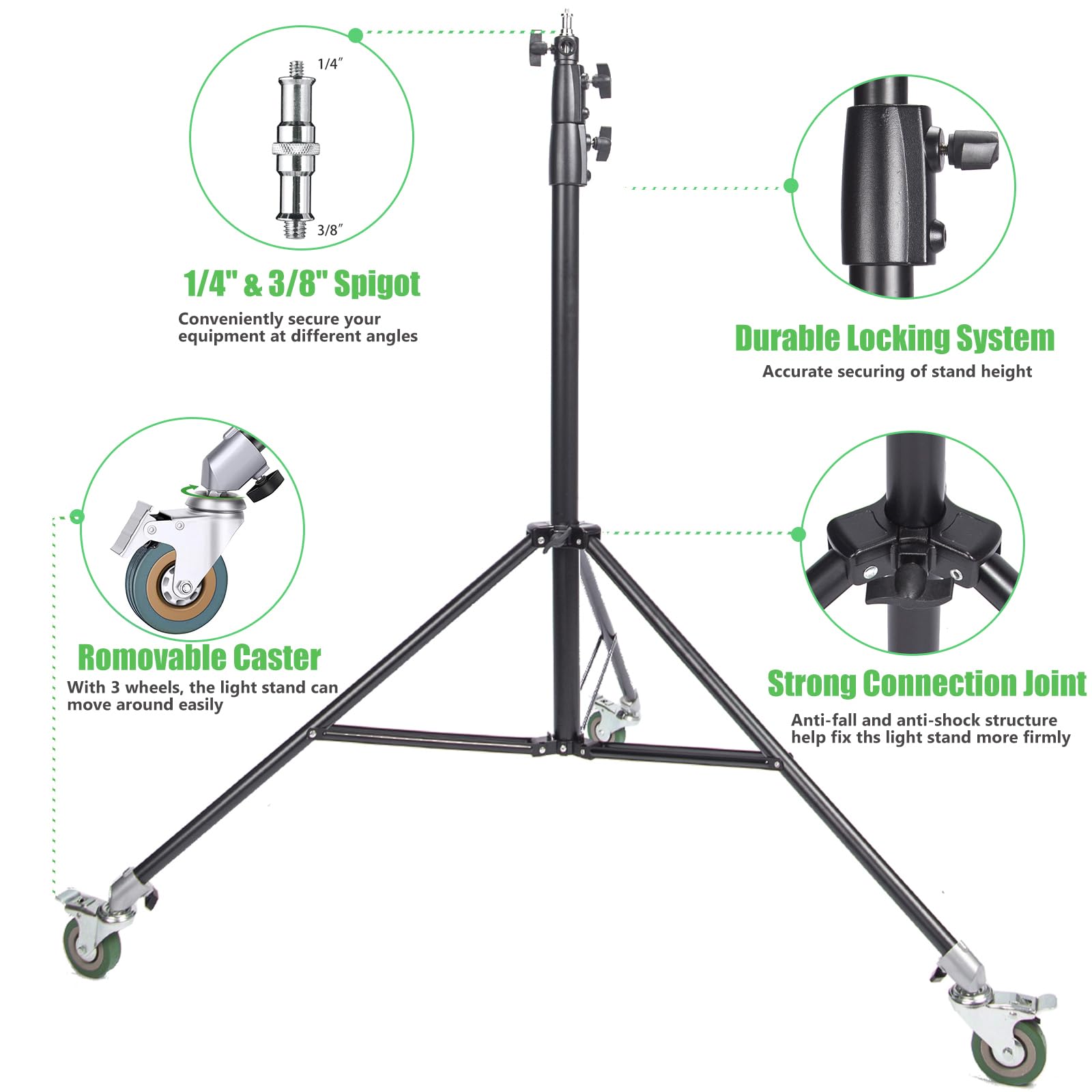 Supporto per luce fotografica da 260 cm con ruote girevoli, supporto leggero imbottito ad aria resistente con perno da 1/4" e 3/8" in acciaio inox per luce video da studio, stroboscopio