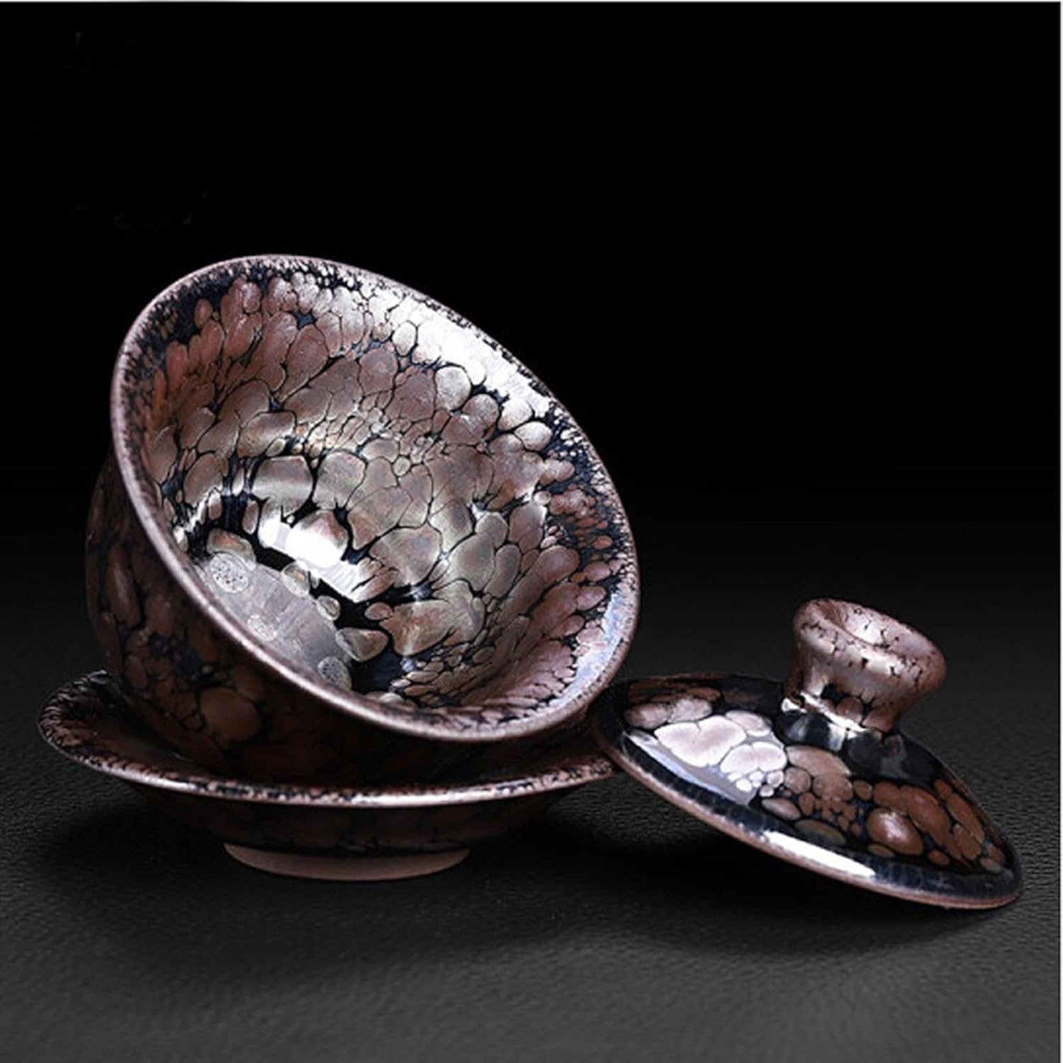 Gaiwan Teacups with Lid and Saucer 5.75 oz, Tenmoku Glaze Tea Set, Chinese Traditional Jianzhan Tea Cup 1300℃ High Temperature Kiln Fired