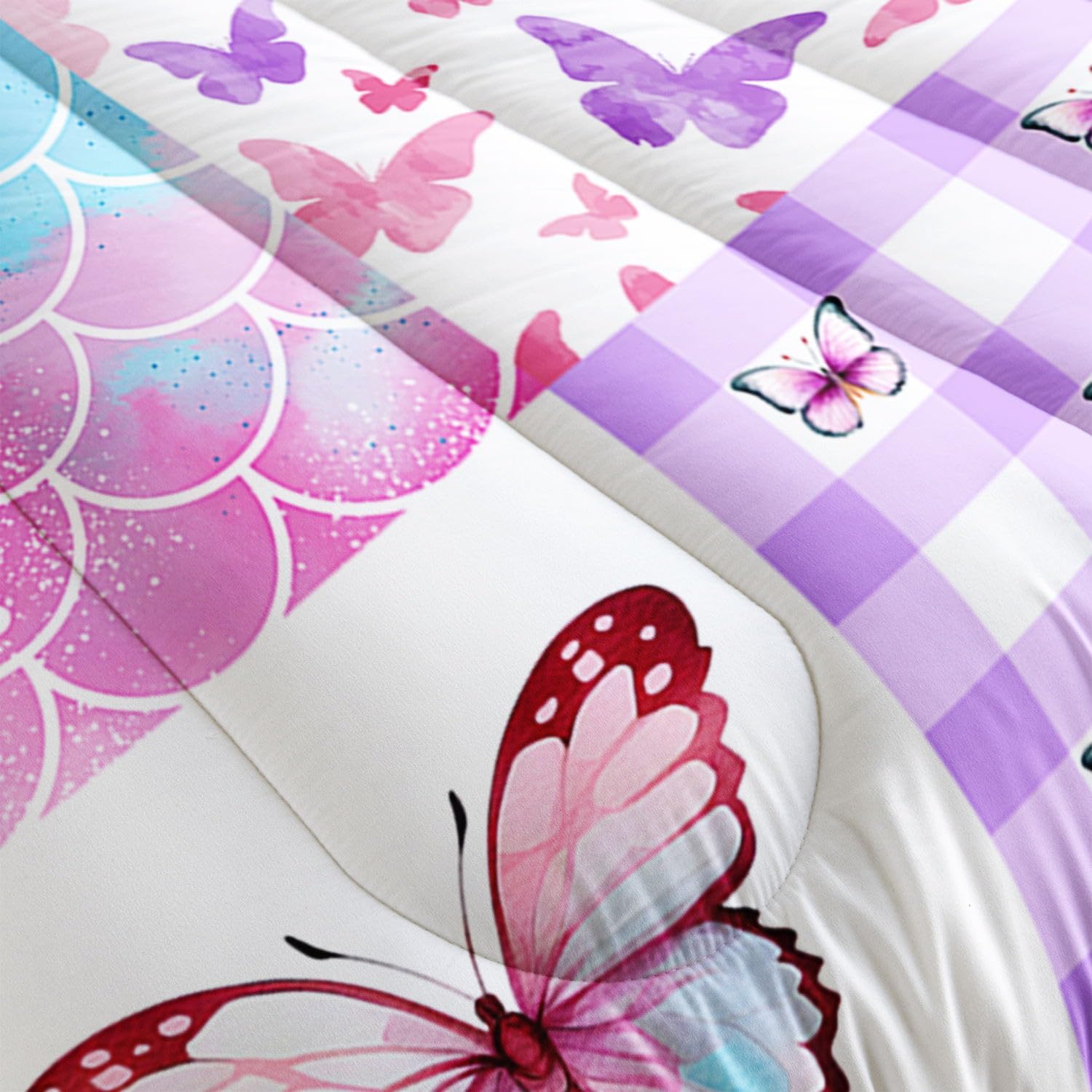 Kids Comforter Set Mermaid Scale Butterfly Printed Pattern Bedding Set with 1 Comforter and 2 Pillowcases for Girls Boys Bedroom All Season(Mermaid1 Full)