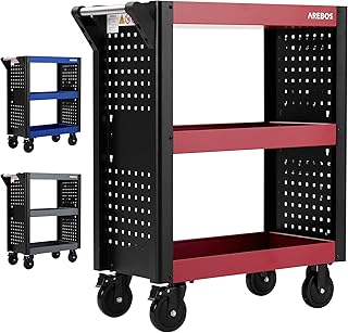 Arebos Servicewagen 3 Fächer | Werkstattwagen | Werkzeugwagen | Rollwagen für Transport und Lagerung | Multifunktionaler Etagenwagen | Allzweckwagen | 18-teiliges Hakenset | Rot/Schwarz