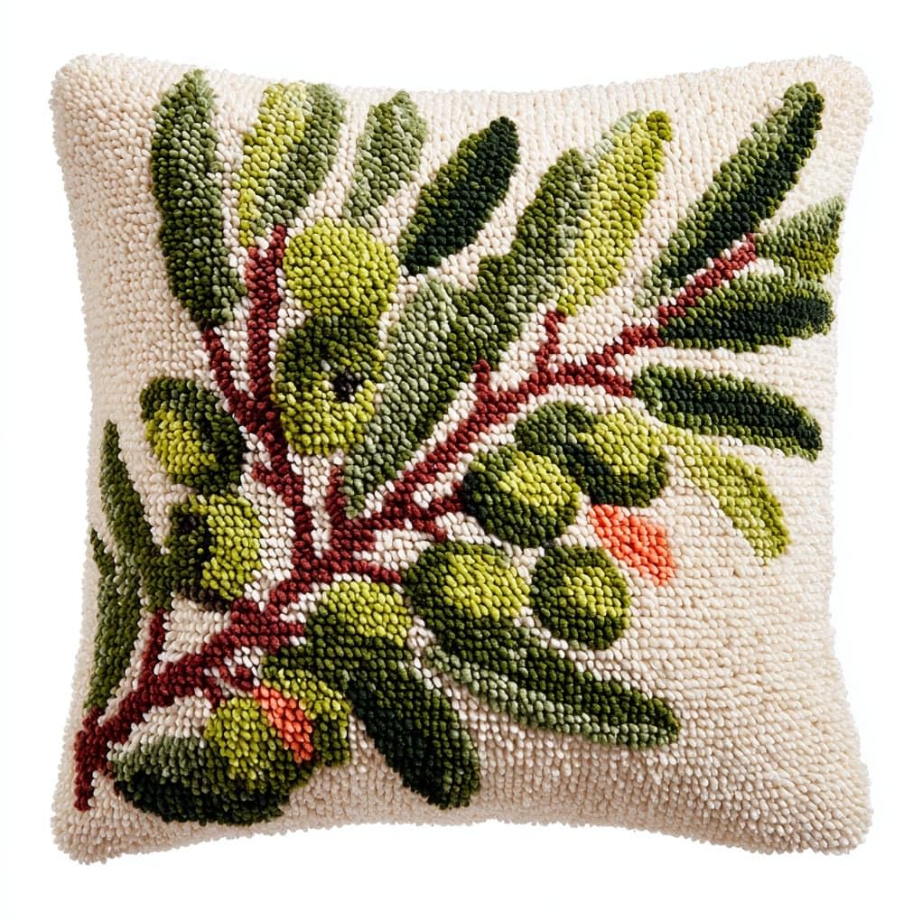 WallustrioaW DIY Latch Hook Kits for Adults,Olive Branches and Fruits,Pillow Cover Kit Needlework Cushion Cover Hand Craft Crochet for Home Sofa Decorations,17x17in
