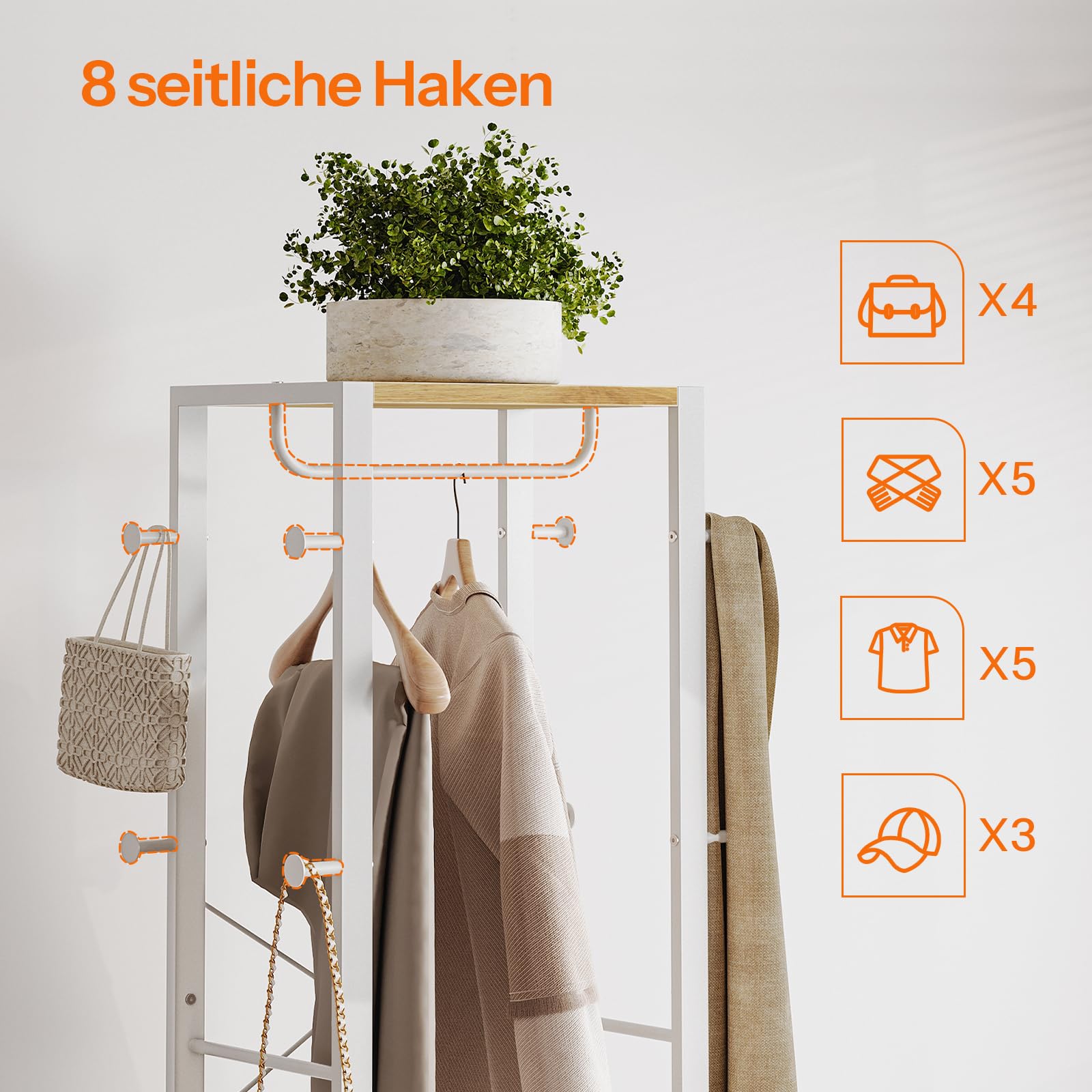 HOOBRO Garderobenständer, Garderobe mit Schuhregalen, Aufbewahrungsregal, Garderobe mit 3 Regalen, Vielseitiger Kleiderständer mit Schuh-Organizer, Weiß und Holzfarbe EWN04YM01