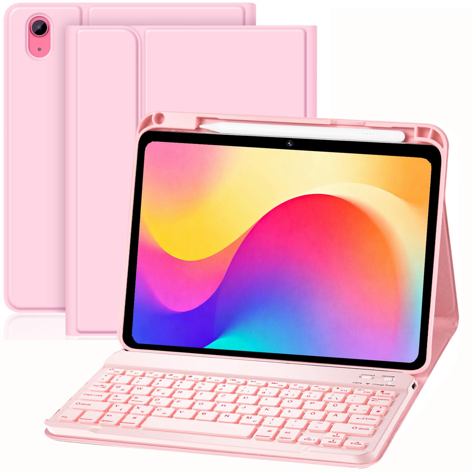 WALWALO Hülle Tastatur für iPad (A16) 11./10. Generation (2025/2022), (11/10.9 Zoll) - QWERTZ, Beleuchtete, Magnetische Abnehmbar Bluetooth Tastatur, Soft TPU Rückseite Gehäuse mit Stifthalter (Rosa)