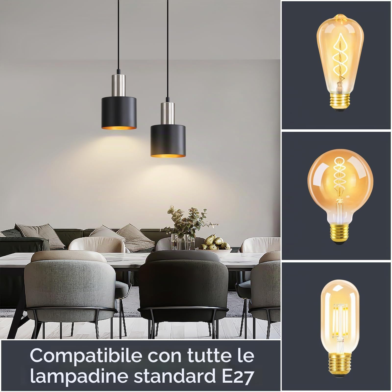 Lampadario a Sospensione Cucina Lampadari Nero Lampada 2 Luci