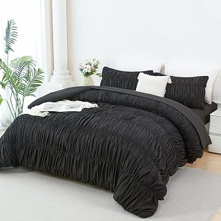 PERFEMET キング掛け布団セット ブラック シャーリングベッドインバッグキング5点セット シャビーシックふわふわプリーツ ボーホー寝具セット ソフト 快適 無地 シンチ掛け布団 シーツ付き オールシーズン対応