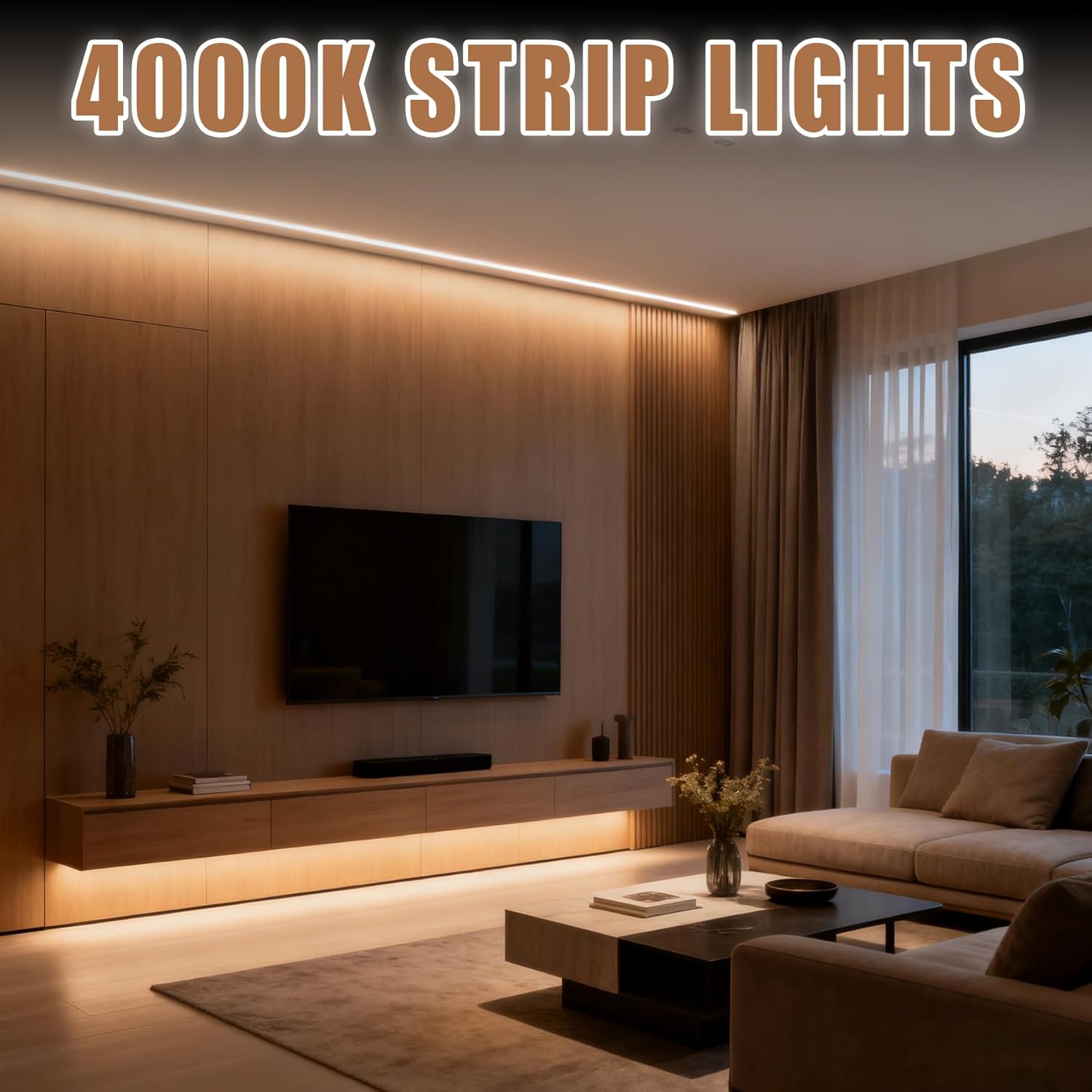 RadiantFlux 50Ft 4000K Flexible LED Strip Lights, Natural Glow Indoor Strips, Dimmable Super Bright Tape Lights for Living Room, Kitchen and Vanity Mirror