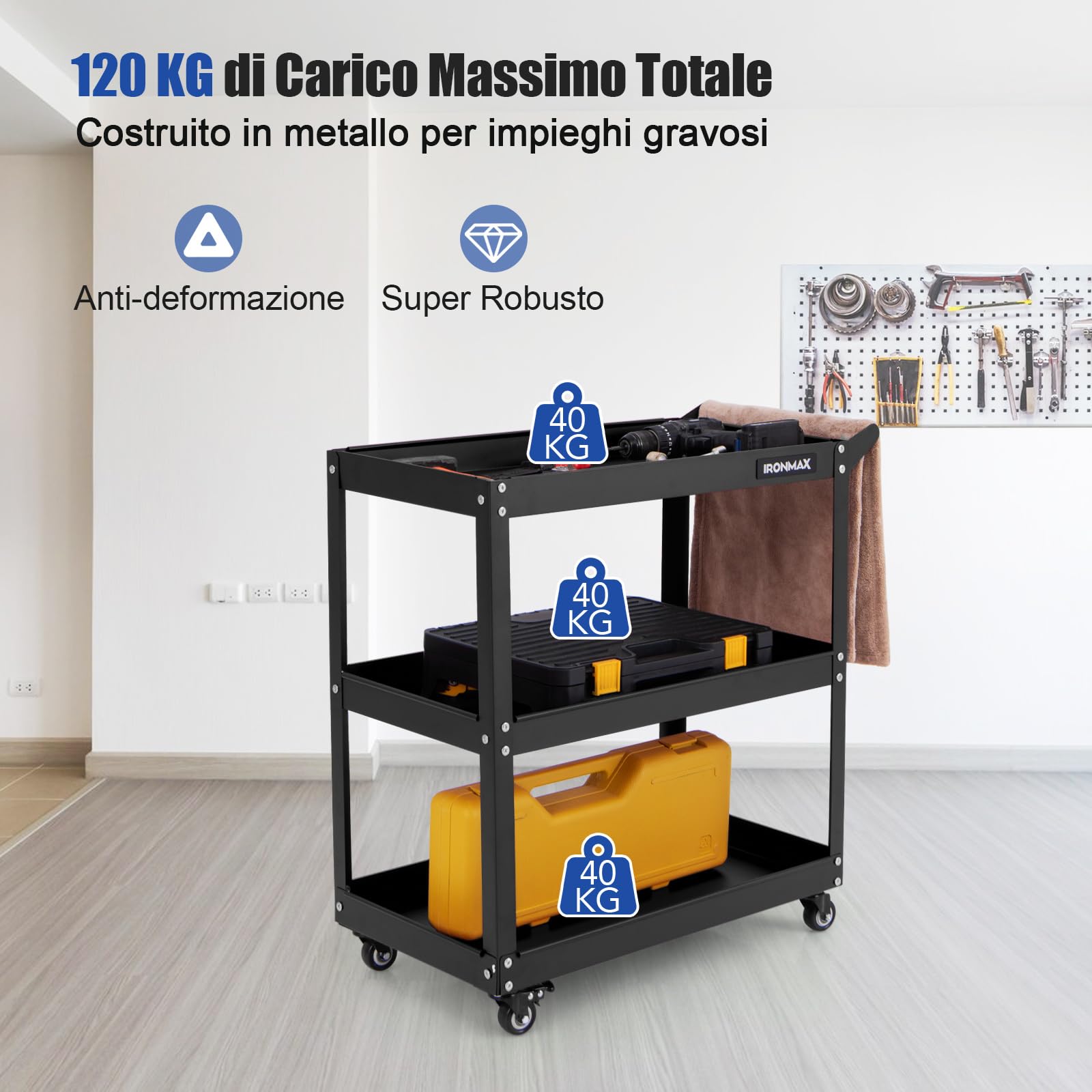COSTWAY Carrello Portautensili a 3 Livelli, Carrello Metallico Resistente con 3 Ripiani, 4 Ruote Universali con 2 Freni, per Garage, Casa, Magazzino, 73 x 36 x 75 cm (Nero)