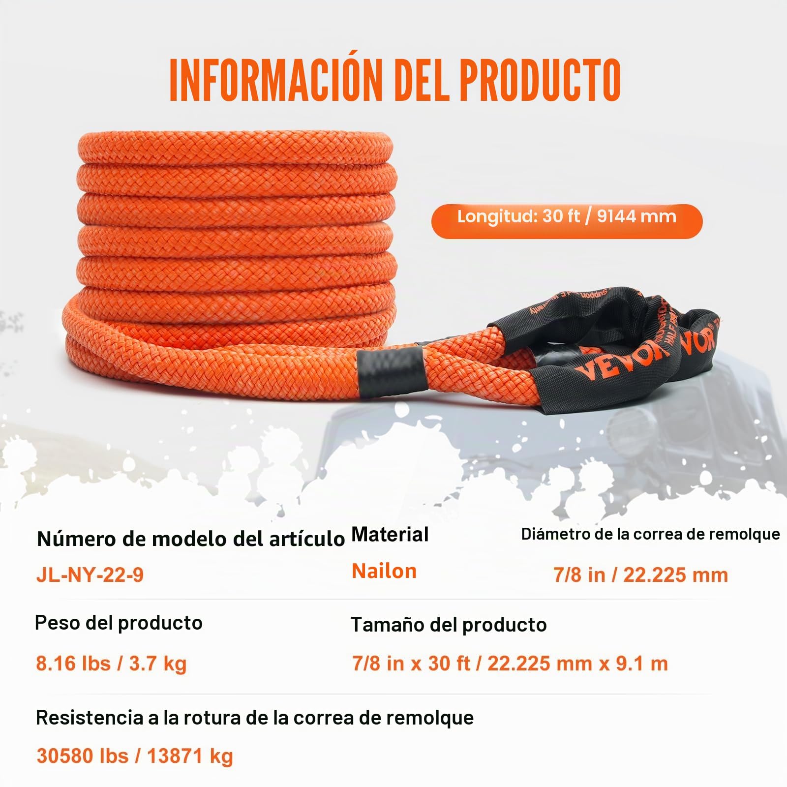 VEVOR Cuerda de Remolque de 22 mm x 9 m, 13871 kg, Correa de montaña Todoterreno de Alto Rendimiento con 2 grilletes Suaves (20.000 kg) Extremadamente Resistente al 30% de Elasticidad para Jeep Auto