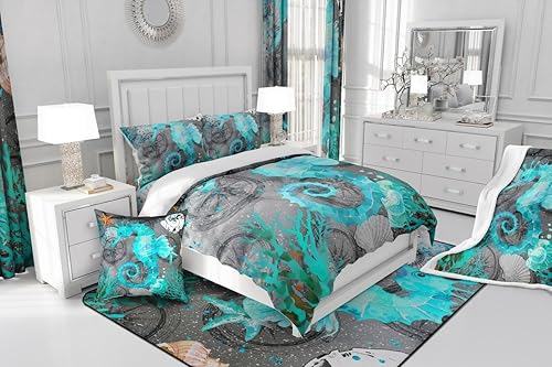 Miniatura 7 de jejeloiu Juego de ropa de cama de caballito de mar para niños, adolescentes, edredón suave con temática náutica, color verde y gris, decoración de