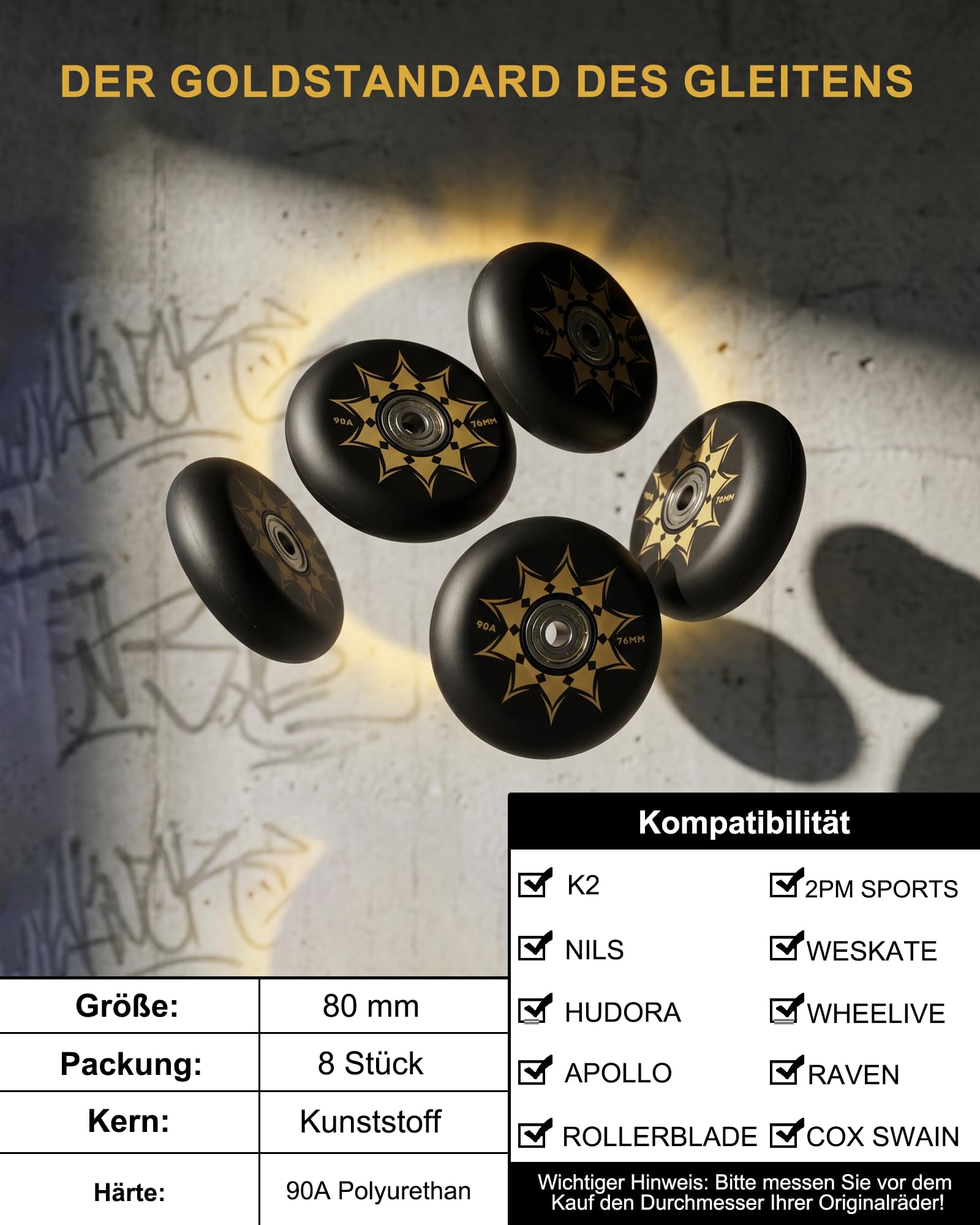 Inliner Rollen 80mm 8-teiliges Set mit ABEC 9 Kugellager, Ersatzrollen für K2 Hudora Apollo Gonex Inlineskates, 82A High Rebound PU Räder für Indoor & Outdoor Training, Schwarz