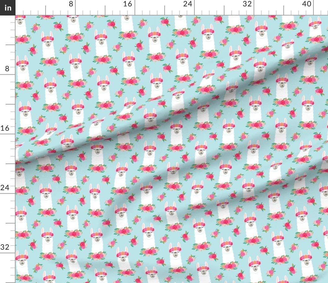 Spoonflower Fabric - Floral Llama Spring Colors Blue Flowers Cute Crown Llamas Pink Girls Printed on Petal Signature Cotton Fabric by The Yard - Sewing Quilting Apparel Crafts Decor
