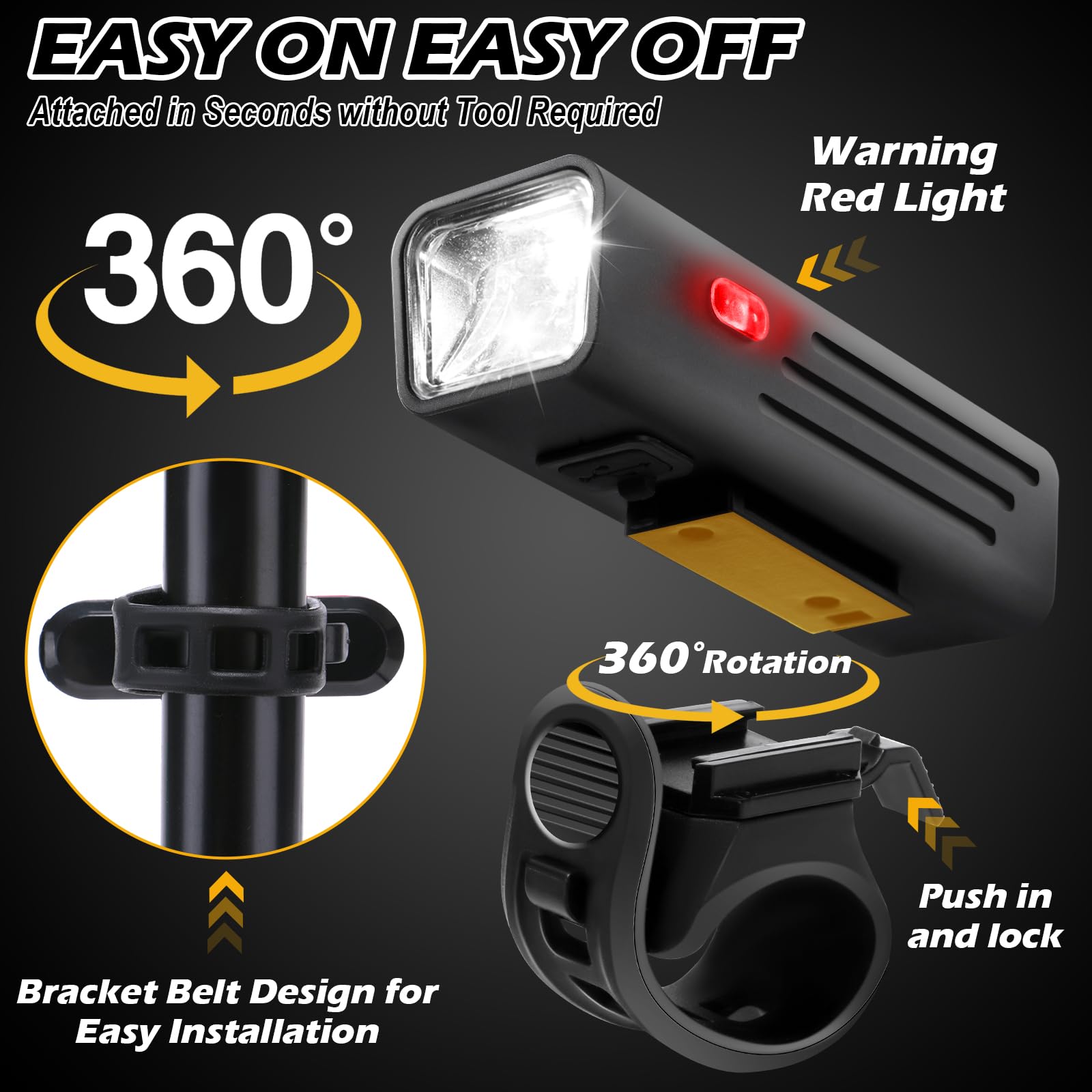 Juego de luces de bicicleta recargables por USB, faros delanteros y traseros para bicicleta, 4+4 modos de luz. Luces delanteras brillantes de 250 lm y traseras traseras de 250 lm. Se adapta a todas