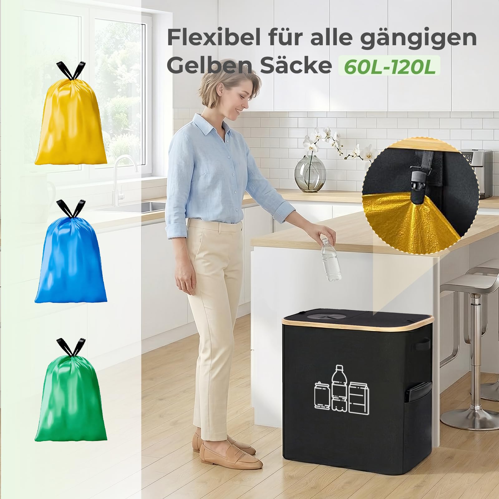 Gelber Sack Ständer 100L mit Deckel & Tragetasche, Müllsystem für Küche Haushalt - Schwarz