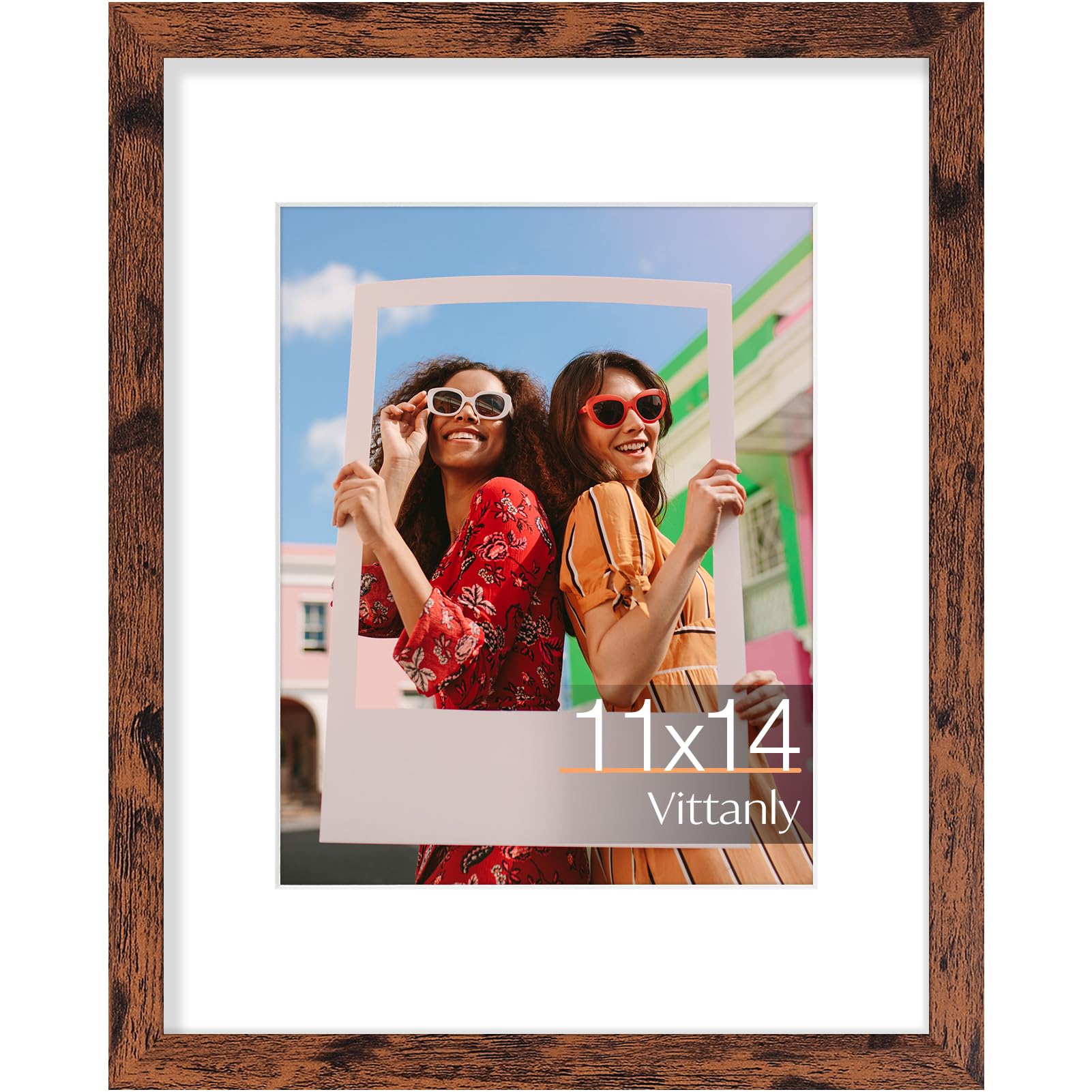 Vittanly 11x14 Picture Frame, Engineered Wood with Shatter Resistant Plexiglass, Display Pictures 8x10 with Mat or 11x14 without Mat, Photo Frame for Wall Mounting, Dark Brown, 1 Pack — image 1