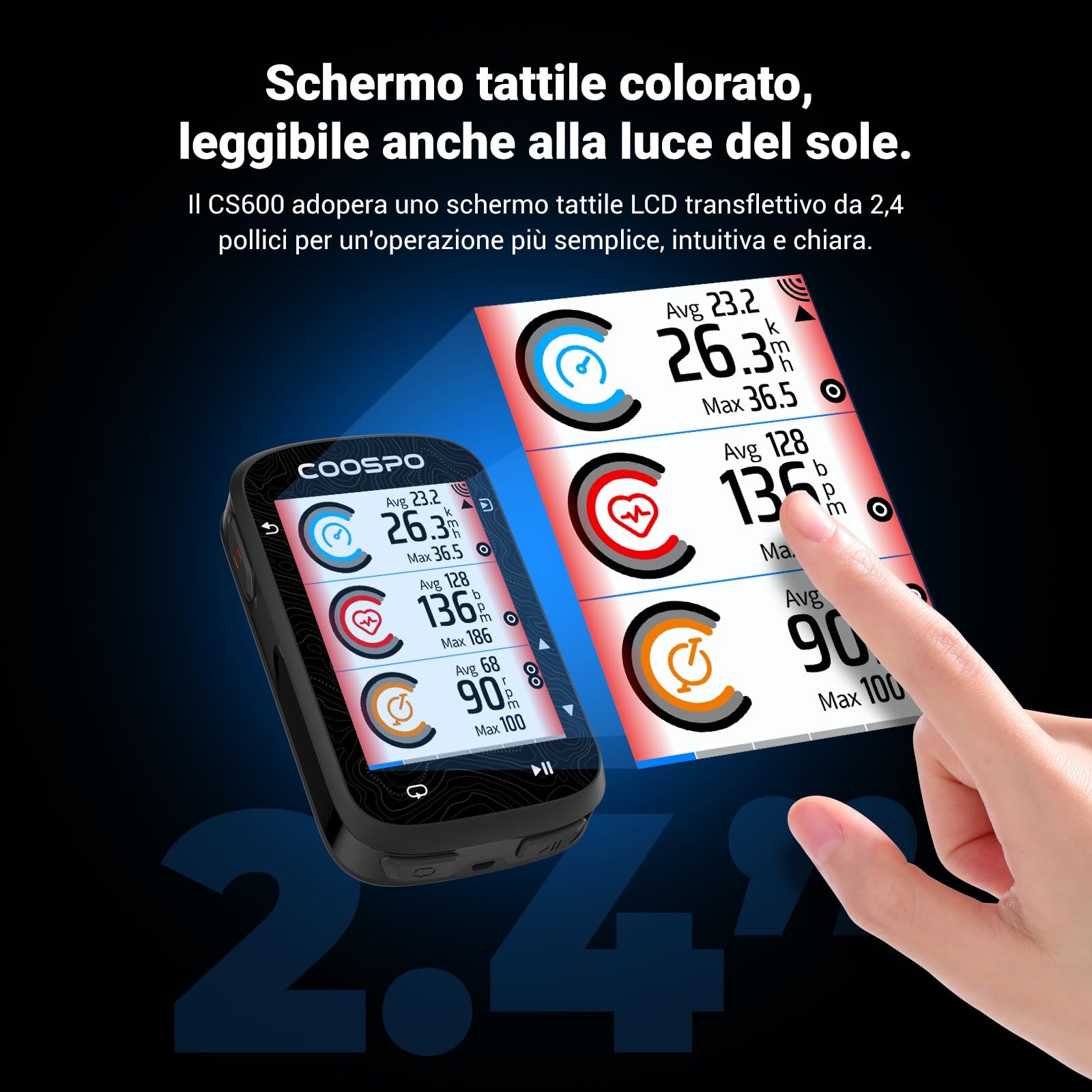 COOSPO Computer per bicicletta GPS con touchscreen colorato CS600, Bicicletta wireless impermeabile IPX7 con Bluetooth/ANT+, navigazione per percorso, supporta radar per bicicletta & autonomia 36H