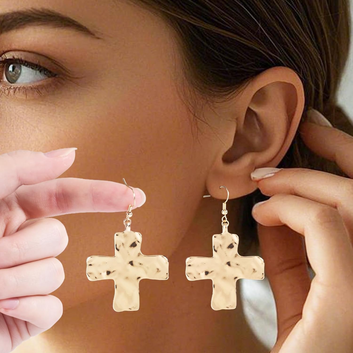 Hammered Cross Earrings for Women Gift, Premium Alloy Chunky Gold Cross Drop Earrings Large Statement Hook Dangle Stylish Women Faith Jewelry Accessories for Church, Casual, Easter & Party - Image 3