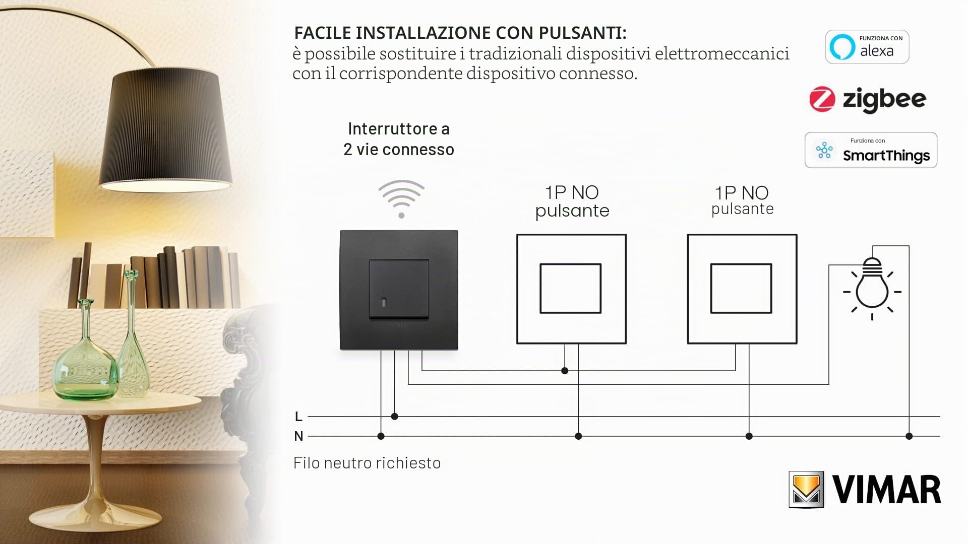 Vimar 0K19592.02 Arké Interruttore Smart Zigbee 2 Vie Compatibile Alexa | Kit deviatore smart Zigbee 3.0 con placca Arké Classic nera, controllo app, voce e pulsante