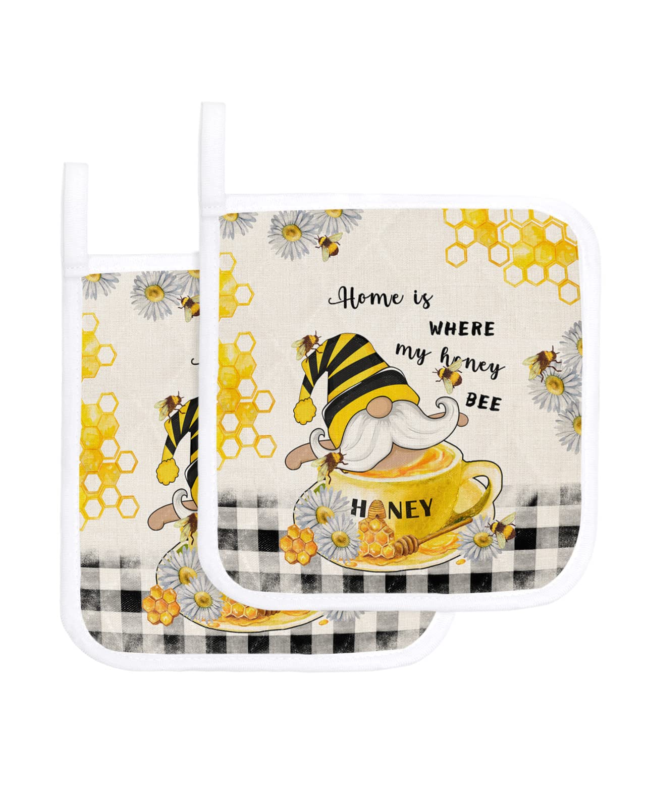 2 Packs Bee Gnomes Pot Holders Sets for Kitchen,Oven Pan Plate Bowl Pads Heat Proof Mat with Hanging Loop,Thick Terry Cloth Potholders For Cooking Baking Honey Spring Summer Country Rustic Plaid Daisy
