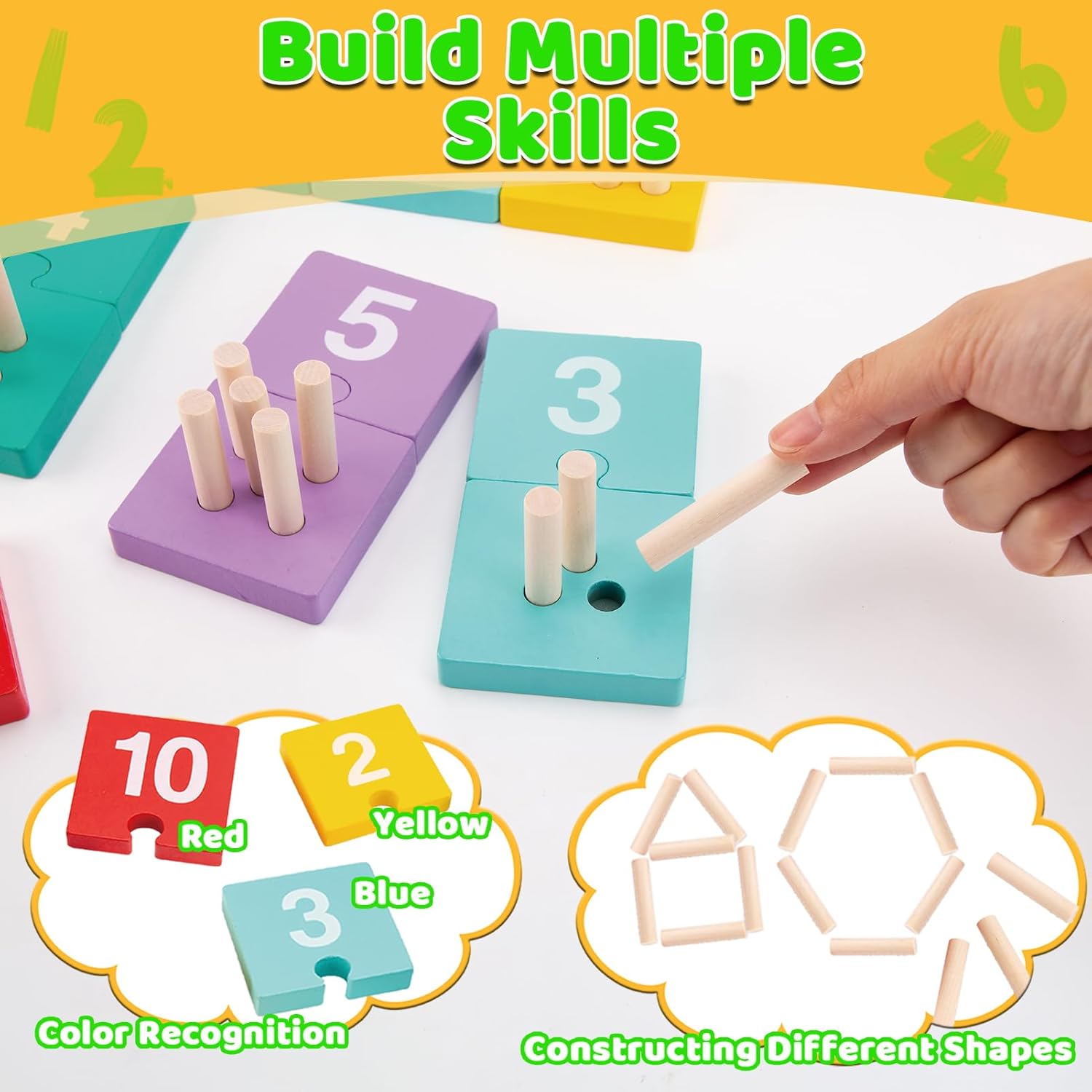 TEUVO Counting Pegs Board Montessori Toys for Kids Aged 3 4 5 6 Years Old, Wooden Early Math and Number Digital Plunger Manipulatives Materials Game for Toddlers Home Kindergarten Daycare Classroom