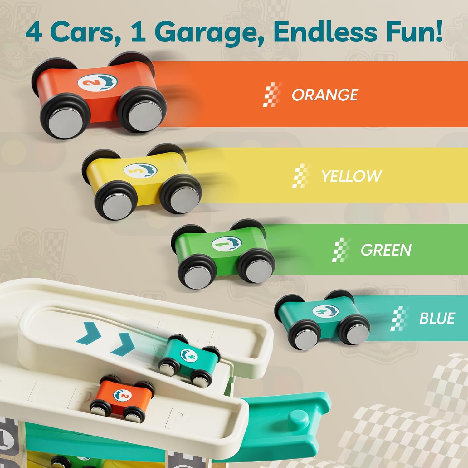 TOP Bright Toddler Wooden Race Track Car Ramp Toys for 1 2 Year Old Baby Motor Skills Race Tracks Car Ramp Vehicle Playsets with 4 Mini Cars and 1 Car Garage 4 Car Ramps image 4