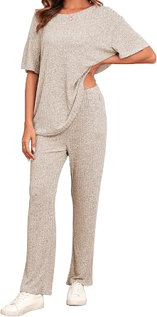 Famulily Ribbed Clothes Sets for Women Oversized Short Sleeve Tops and Wide Leg Trousers with Pockets, 2 Piece Outfits Tracksuits Loungewear Sleepwear