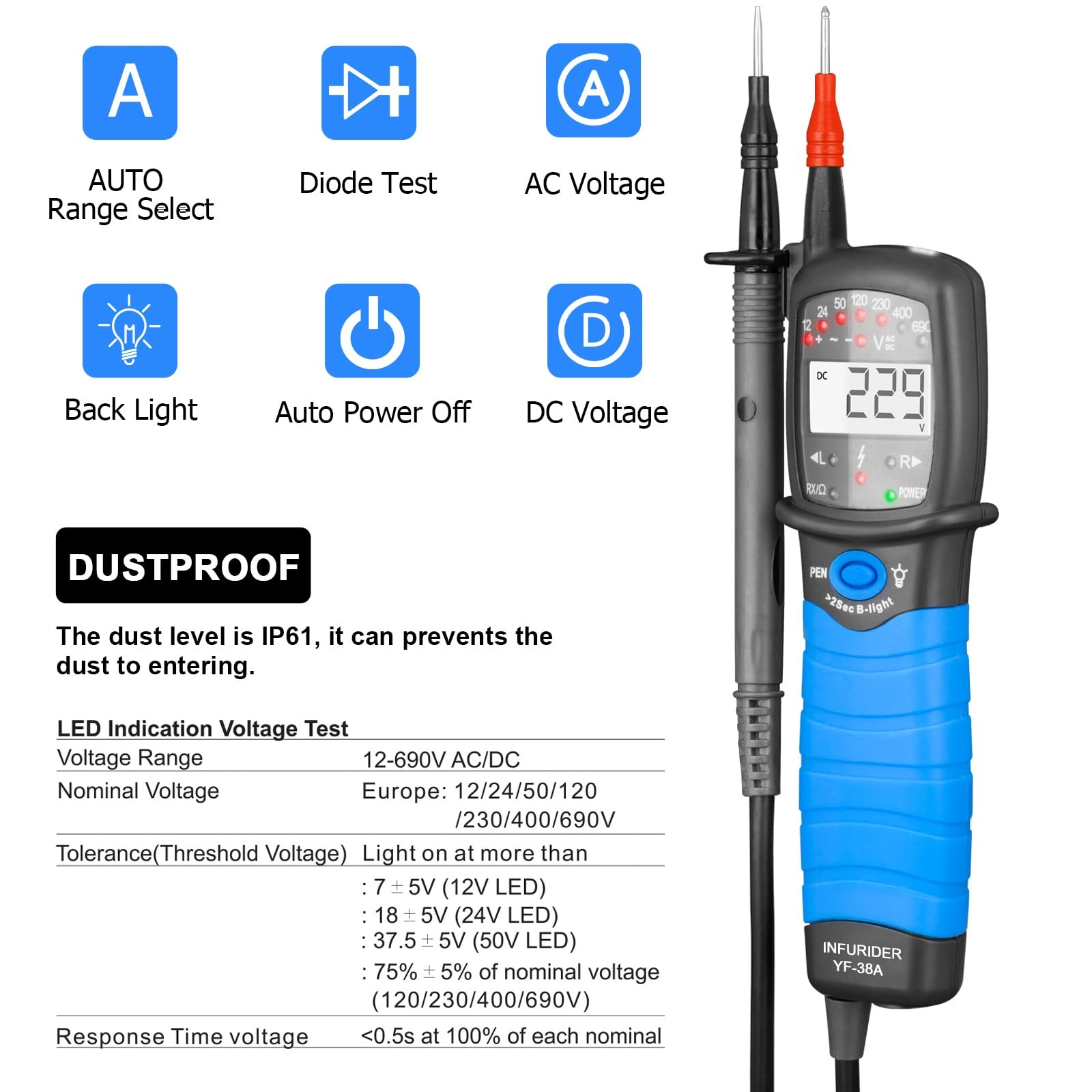 Analizzatore di reti elettriche, Tester di tensione 12-690 V Display LED/LCD, Test continuità, CAT III 690 IV 600, Rotazione fase, Spegnimento automatico