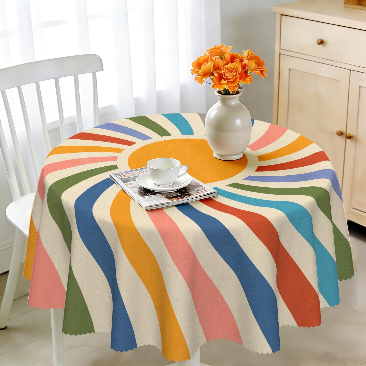 iEvery Sunshine Round Table Cloth Wipe Clean 150cm, Wipeable Sun Rainbow Tablecloth Circular Waterproof Stain-Resistant Polyester Table Cover for Kitchen Patio Garden Outdoor Home Decor — image 1