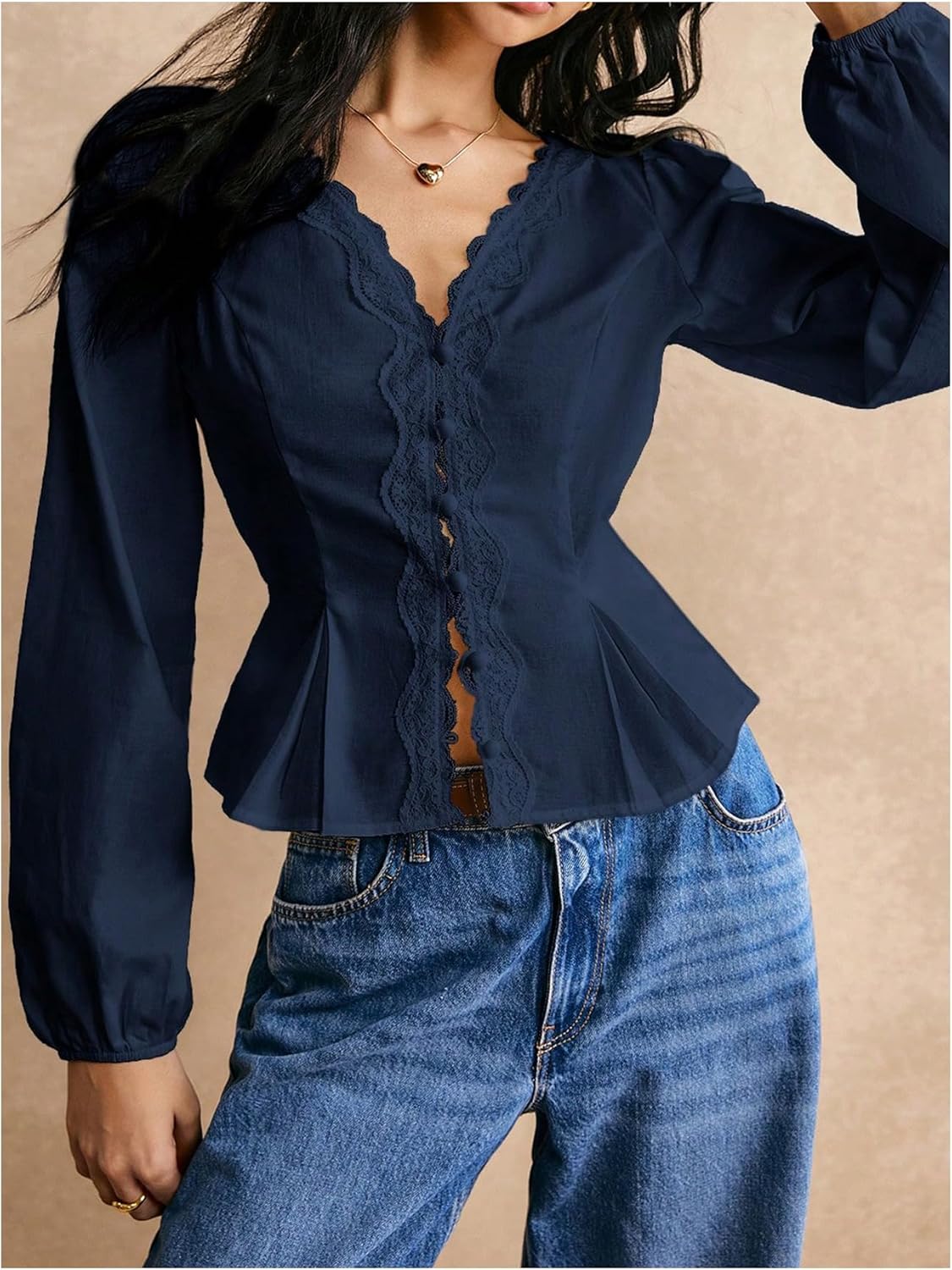 SweatyRocks Women's Contrast Lace Button Down Peplum Blouses V Neck Lantern Long Sleeve Shirts - Image 5