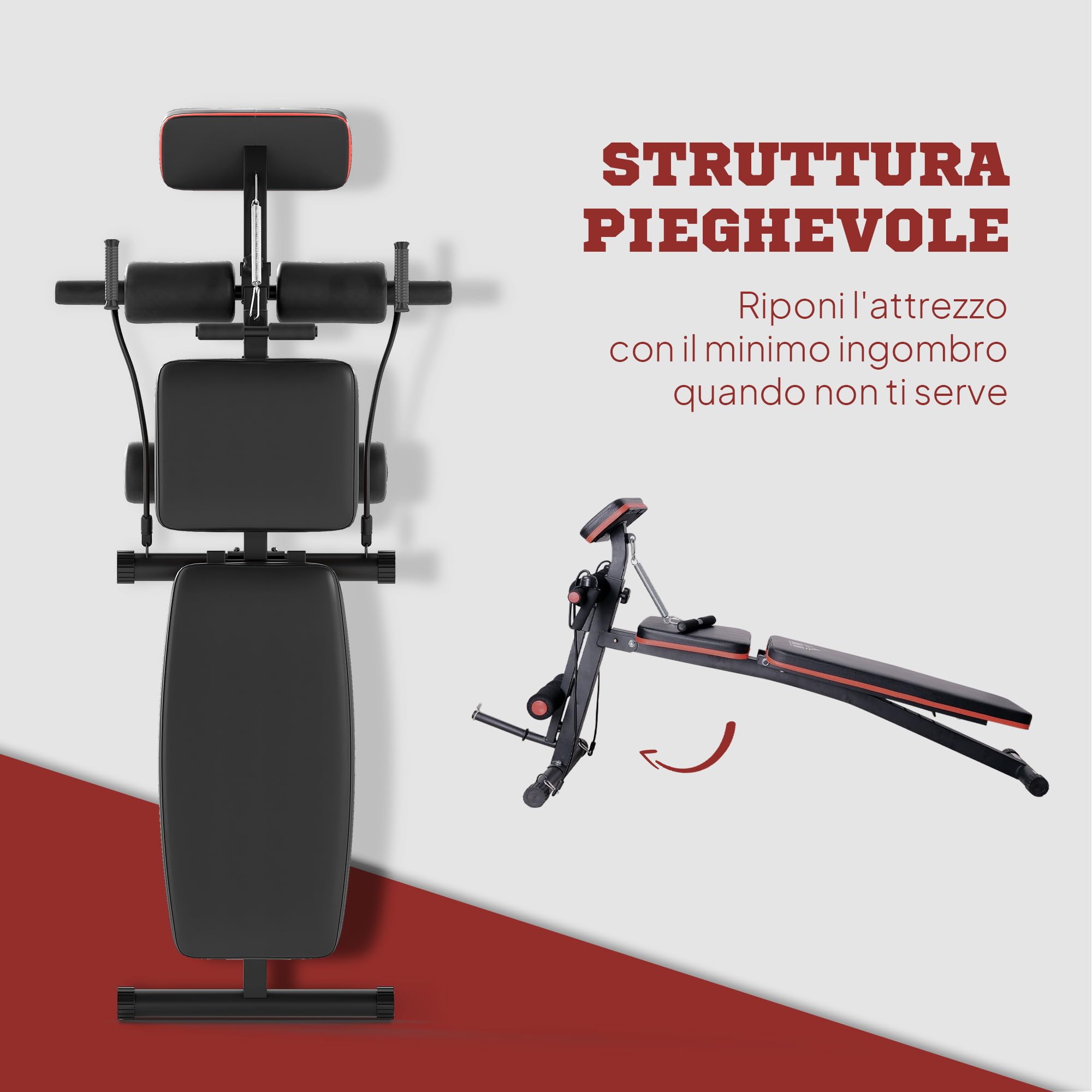 HOMCOM Panca Palestra Pieghevole, Panca Addominali Multifunzione Inclinabile con Schienale Regolabile a 7 Livelli, Macchina Leg Extension, Cuscinetto, Banda di Resistenza, per Allenamento Casa