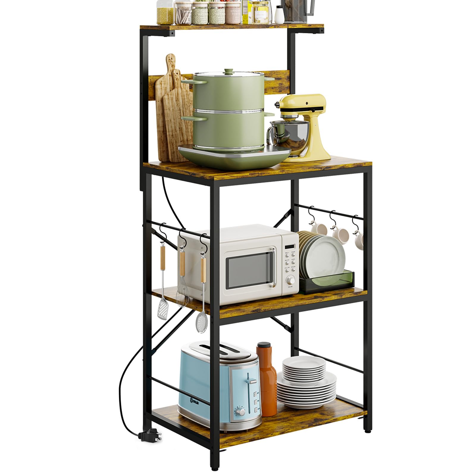 EasyCom Estante para panaderos con toma de corriente, estante de almacenamiento de cocina de 4 niveles con 3 salidas de CA para especias, utensilios de cocina, 6 ganchos en forma de S, soporte de