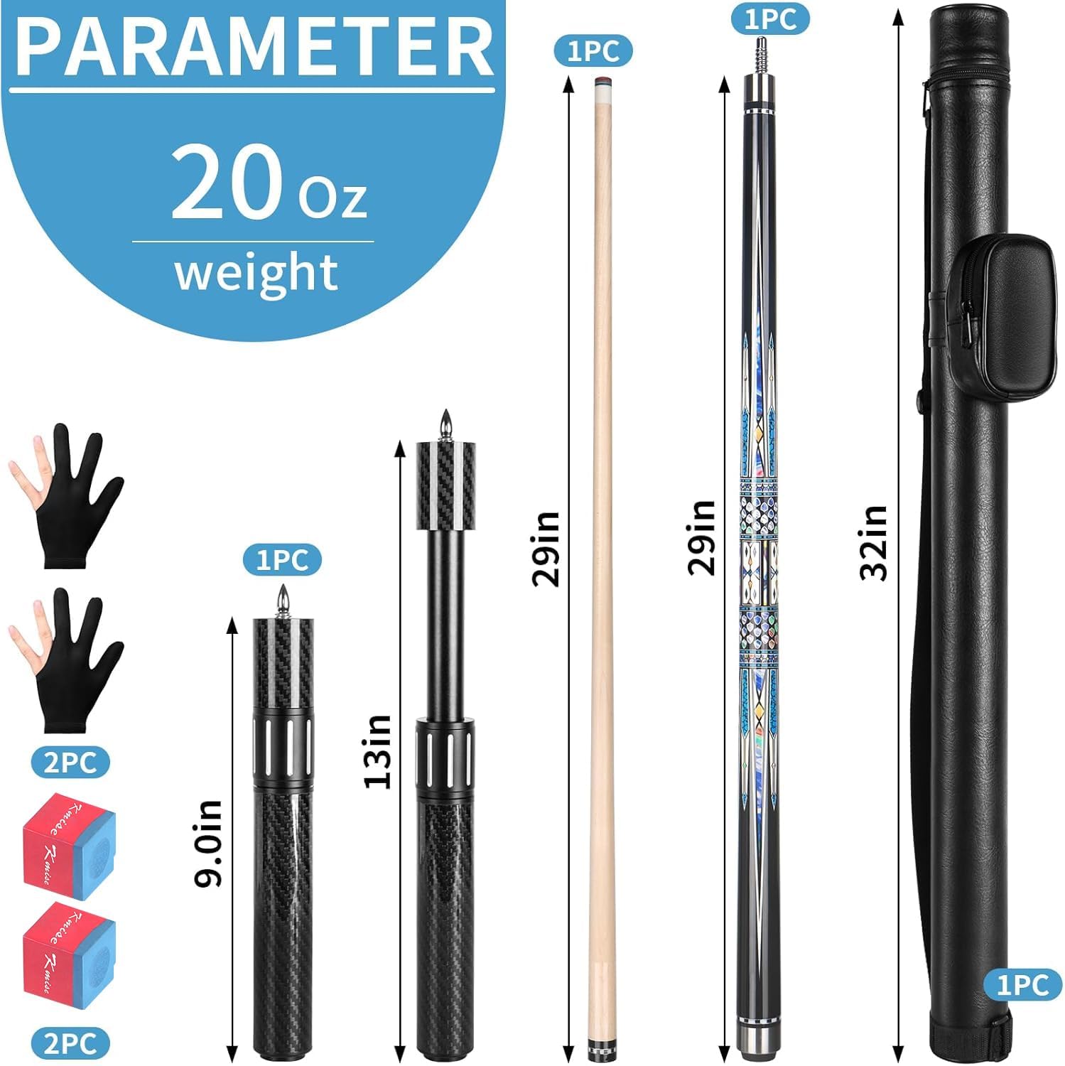 Kmise Professional Pool Cue Stick, 18 19 20oz Canadian Maple Cue Sticks, Low Deflection Shaft with Telescopic Carbon Fiber Extension Cue