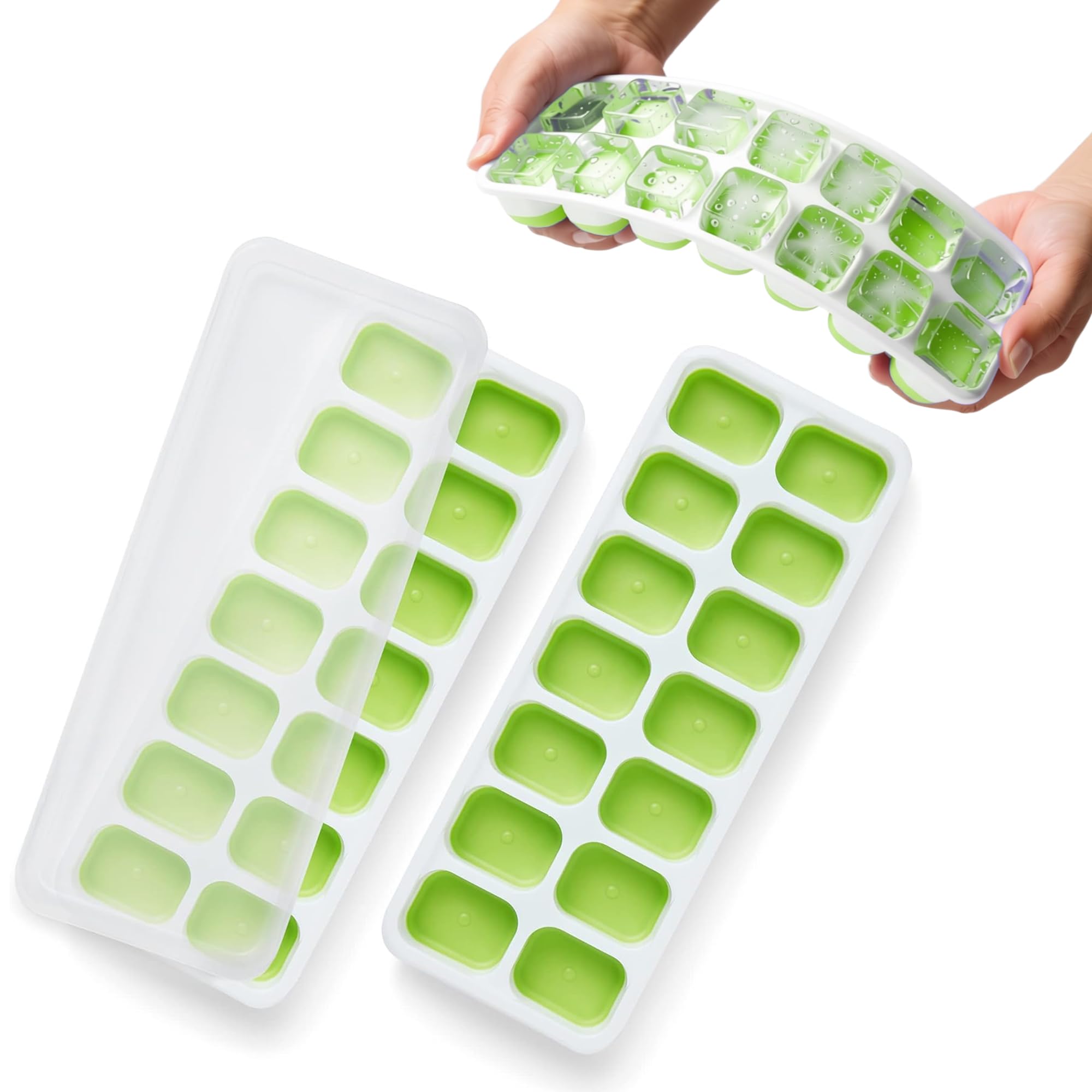 KEPLIN 2pk Silicone Ice Cube Trays with Non-Spill Lids, Easy to Remove Ice Cube Tray, LFGB Certified BPA Free, Flexible Silicone Ice Cube Moulds, Parties, Drinks, Cocktails & Frozen Liquids (Green)