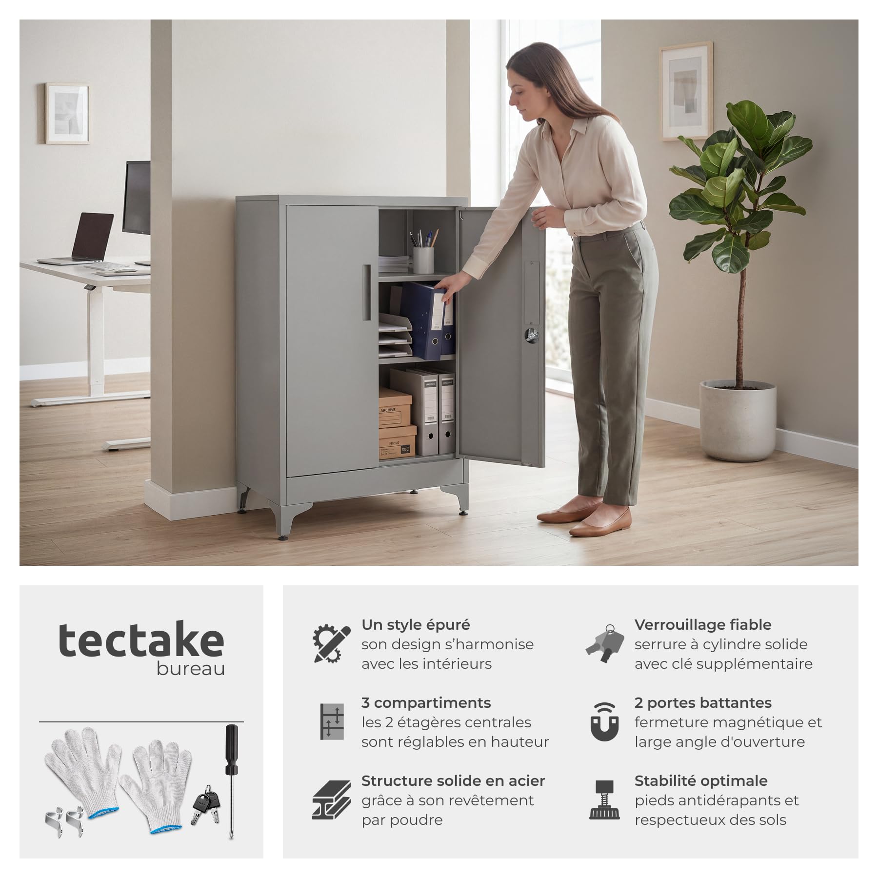 tectake® Armoire à dossiers 60 x 40 x 100 cm, Portes à Fermeture magnétique verrouillables, 2 étagères réglables, Armoire de Bureau en Acier thermolaqué, Meuble de Rangement Dossiers, Classeurs - Gris