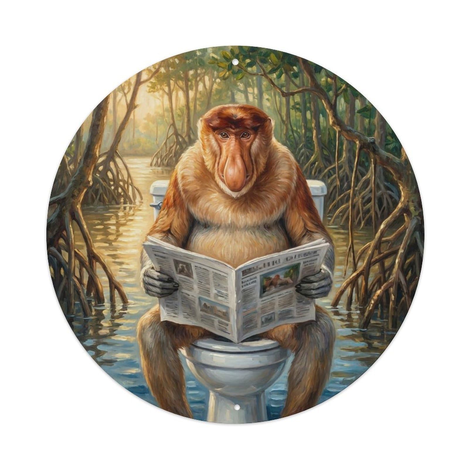Mandrill On Toilet Humorous Bathroom Misty Gorge Reads Metal Tin Sign