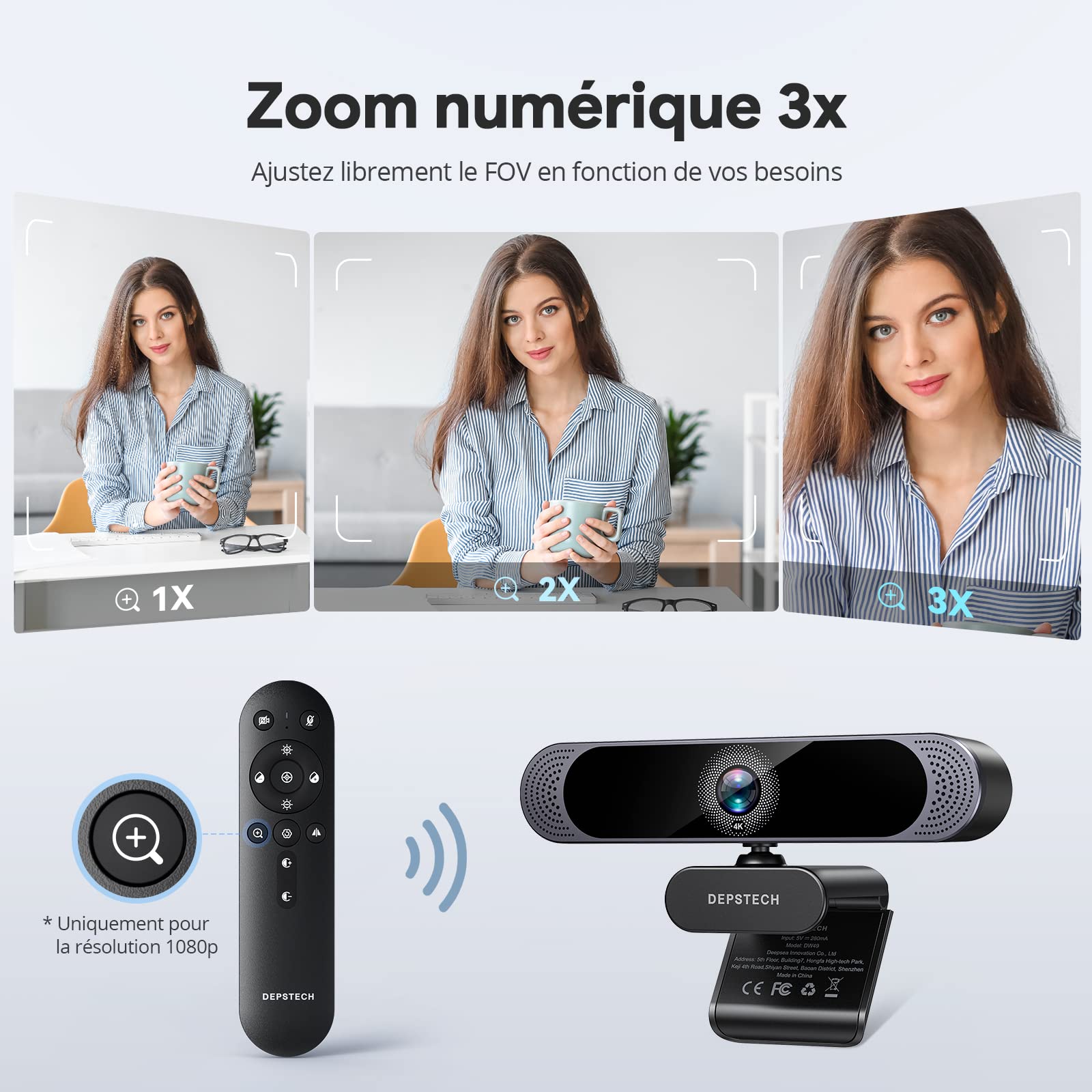 DEPSTECH Webcam 4K, Webcam PC Ultra HD avec Capteur 1/2.55", Double Micro Antibruit, Zoom Numérique 3X, Télécommande, Camera Streaming 8MP Autofocus pour PC Portable Mac, Appel vidéo, Zoom, Skype
