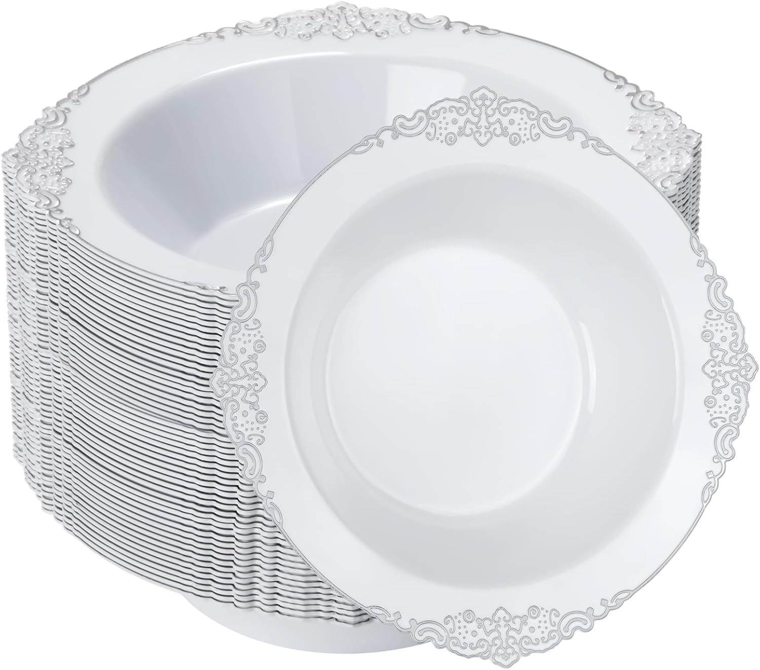 100 Pack White Plastic Bowls with Rose Gold Relief Rim, 12oz Plastic Salad Bowl, Disposable Bowls for Party, Dinners, Weddings, Christmas, Thanksgiving, Valentine's Day