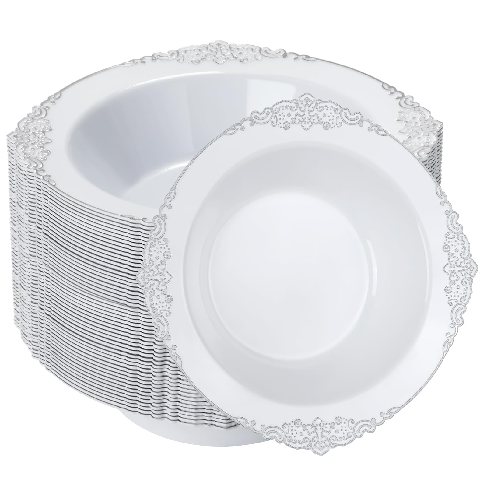 Photo 1 of Bestluck 100 Pack White Plastic Soup Bowls with Silver Rim