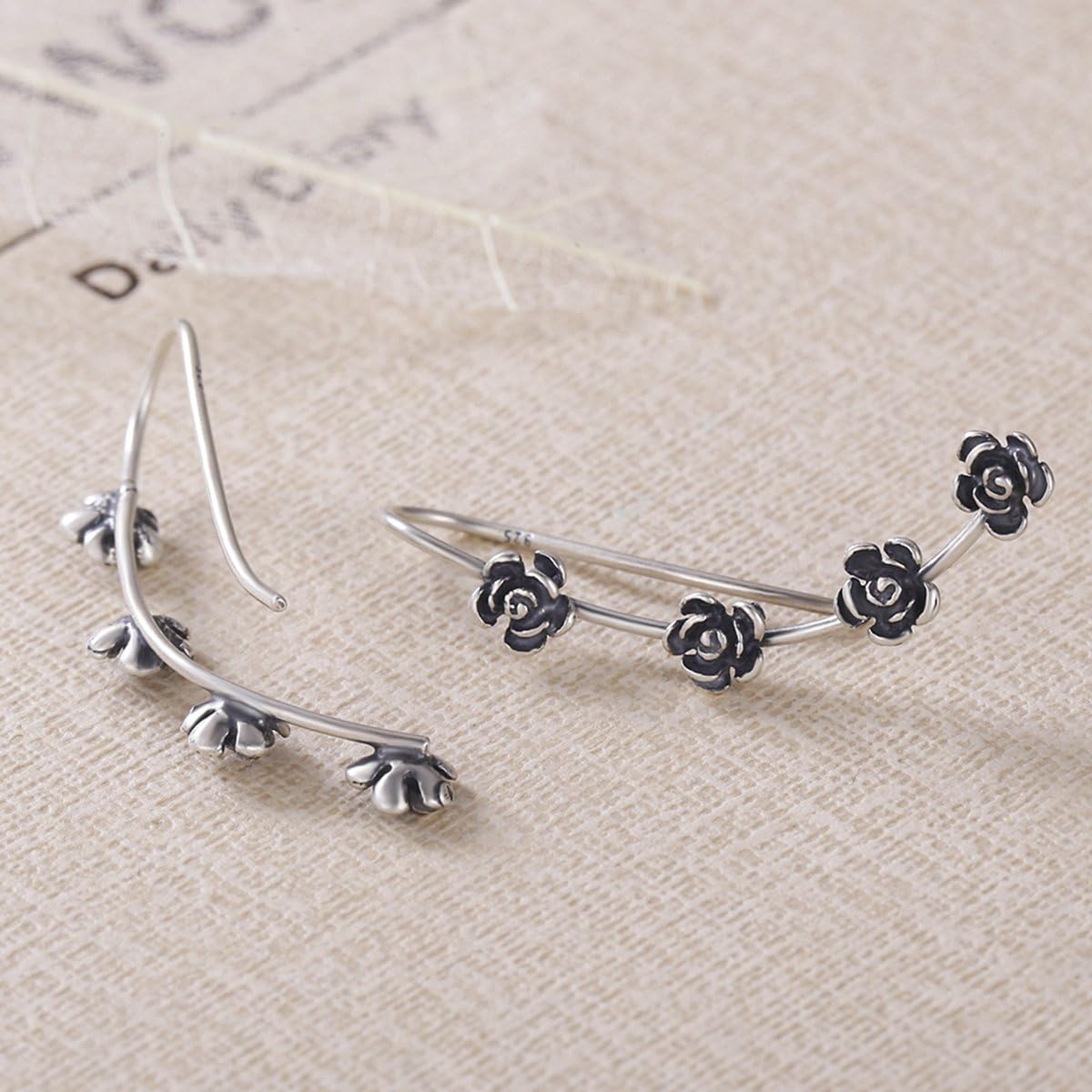 Vintage Rose Flower 925 Sterling Silver Ear Cuff Wrap Earrings for Women Crawler Climber Piercing Hypoallergenic - Image 2