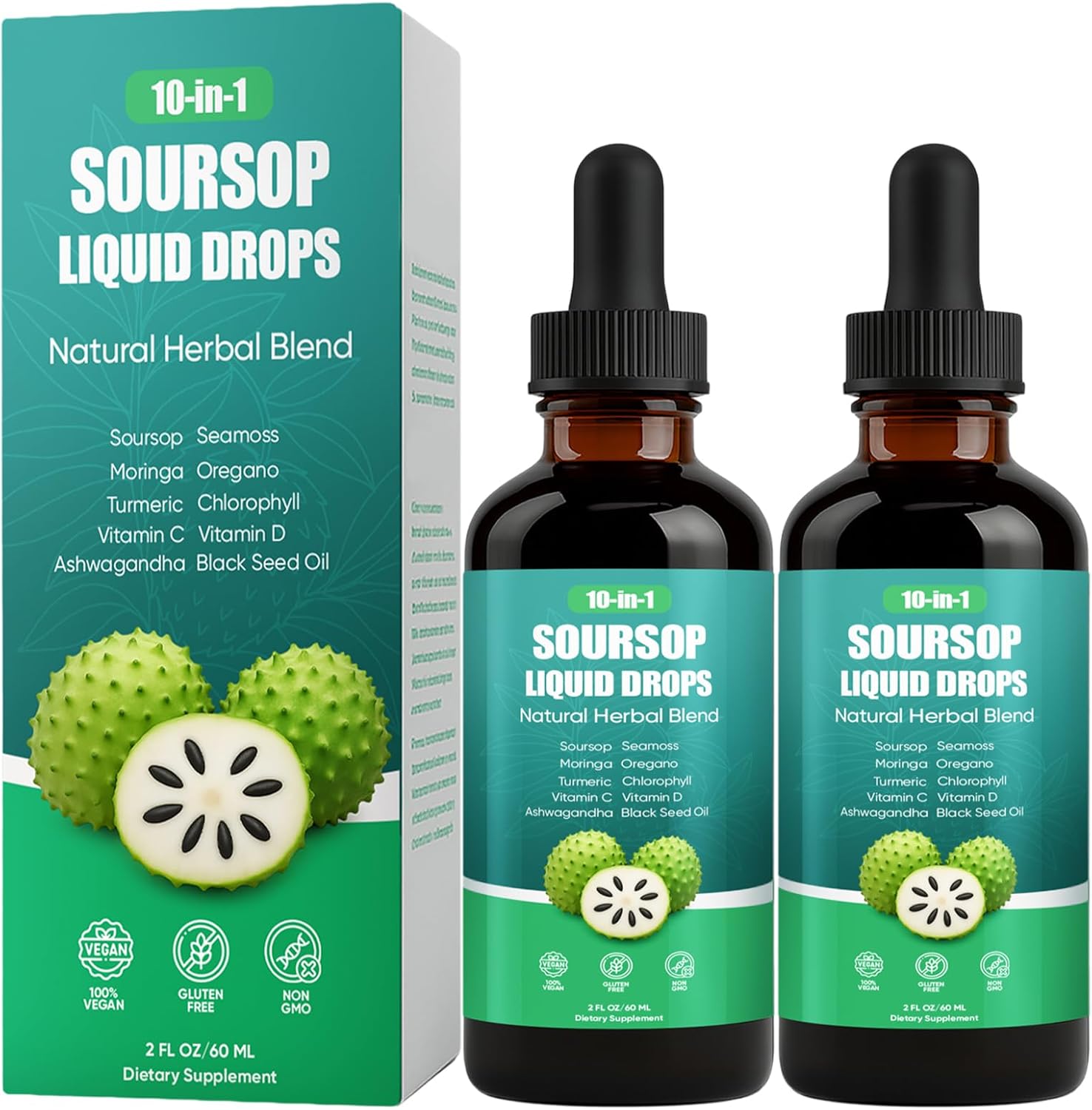 Soursop Drops, 10-in-1 Soursop Liquid Drops with Sea Moss, Moringa, Turmeric, Black Seed Oil, Oregano, Ashwagandha, Immune & Energy Support | Improving Gut Health | Heart Health, Vegan, 2 fl oz (2)