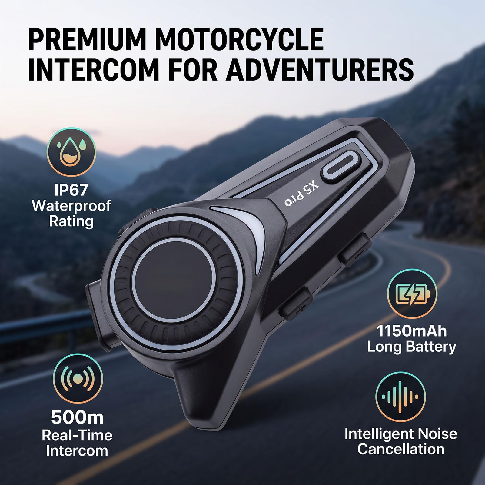 Casco Bluetooth Moto 500m IP67, Batteria 1150mAh, per Motociclisti