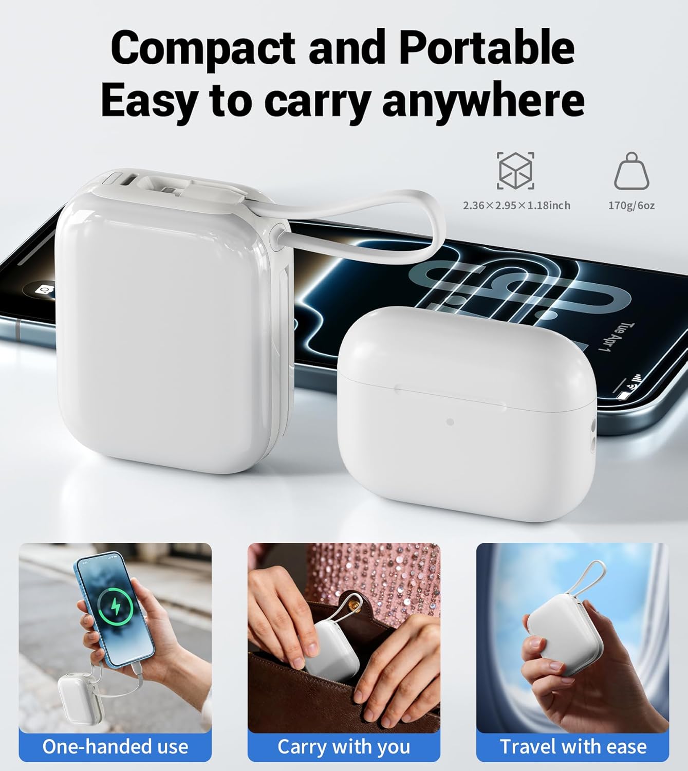 TONEOF 68" Magnetic Selfie Stick Tripod (Orange) Bundle with 10000 mAh Mini Power Bank 22.5W Fast Charging with 2 Cables Compatible with iPhone 17/16/15/14 Pro MAX