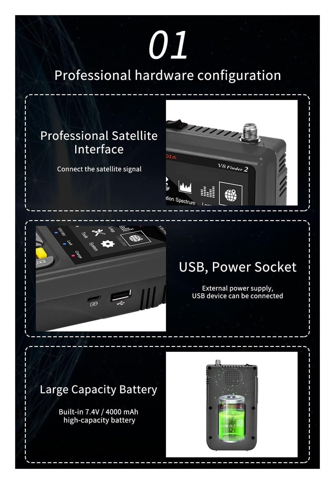 V8 Finder2 Medidor de satélite DVB-S2 Buscador de satélite Satfinder Detector de señal DVB-S/ S2/ S2X | FD2 Black With Bag